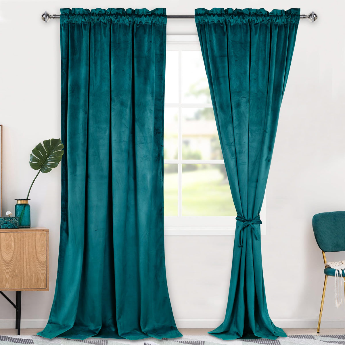 Hiasan Teal Velvet Curtains 120 Inches-Blackout Thermal Insulated Solid Soft Curtains For Bedroom Living Room Rod Pocket Room Da
