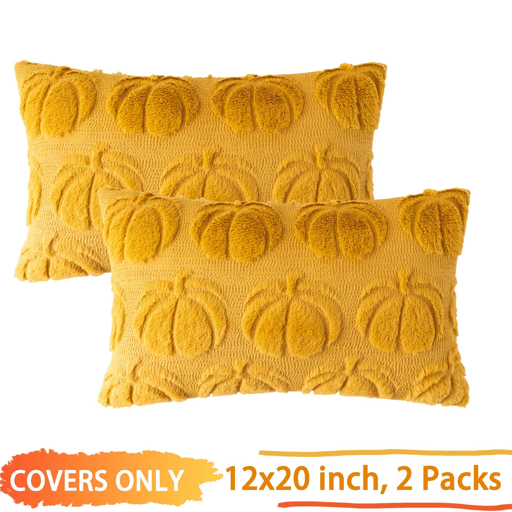 Cosibono Pumpkin Fall Decorative Throw Pillow Covers 12'X20', Set Of 2 Mustard Yellow Soft Faux Fur Pillow Covers For Autumn H