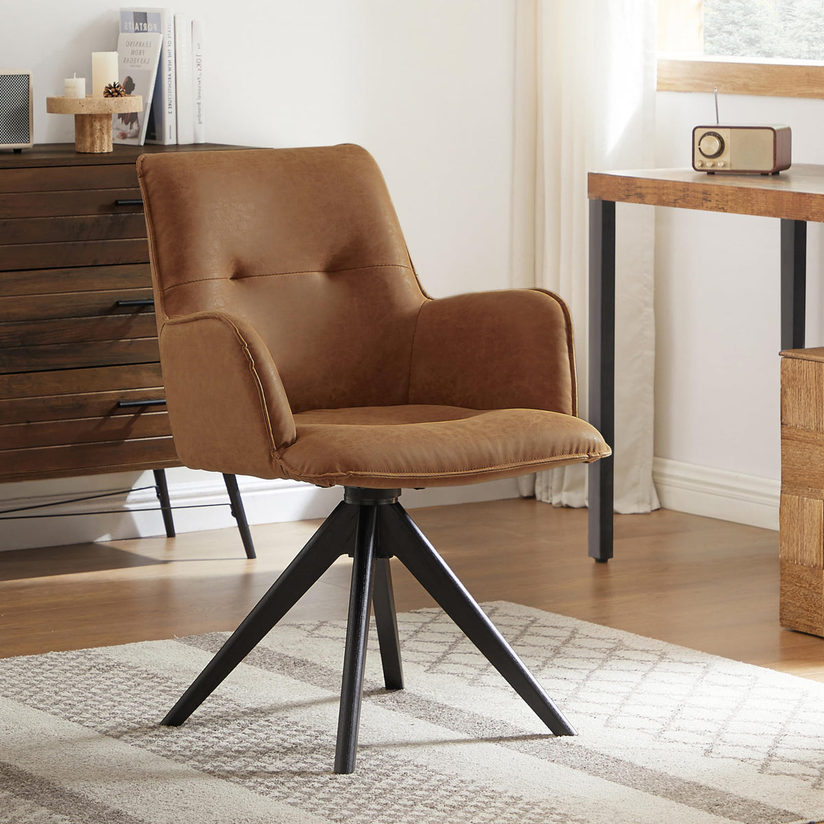 Art Leon Swivel Desk Chair - Faux Leather Upholstered Office Chair No Wheels, Mid Century Modern Armchair With Black Oak Wood Le