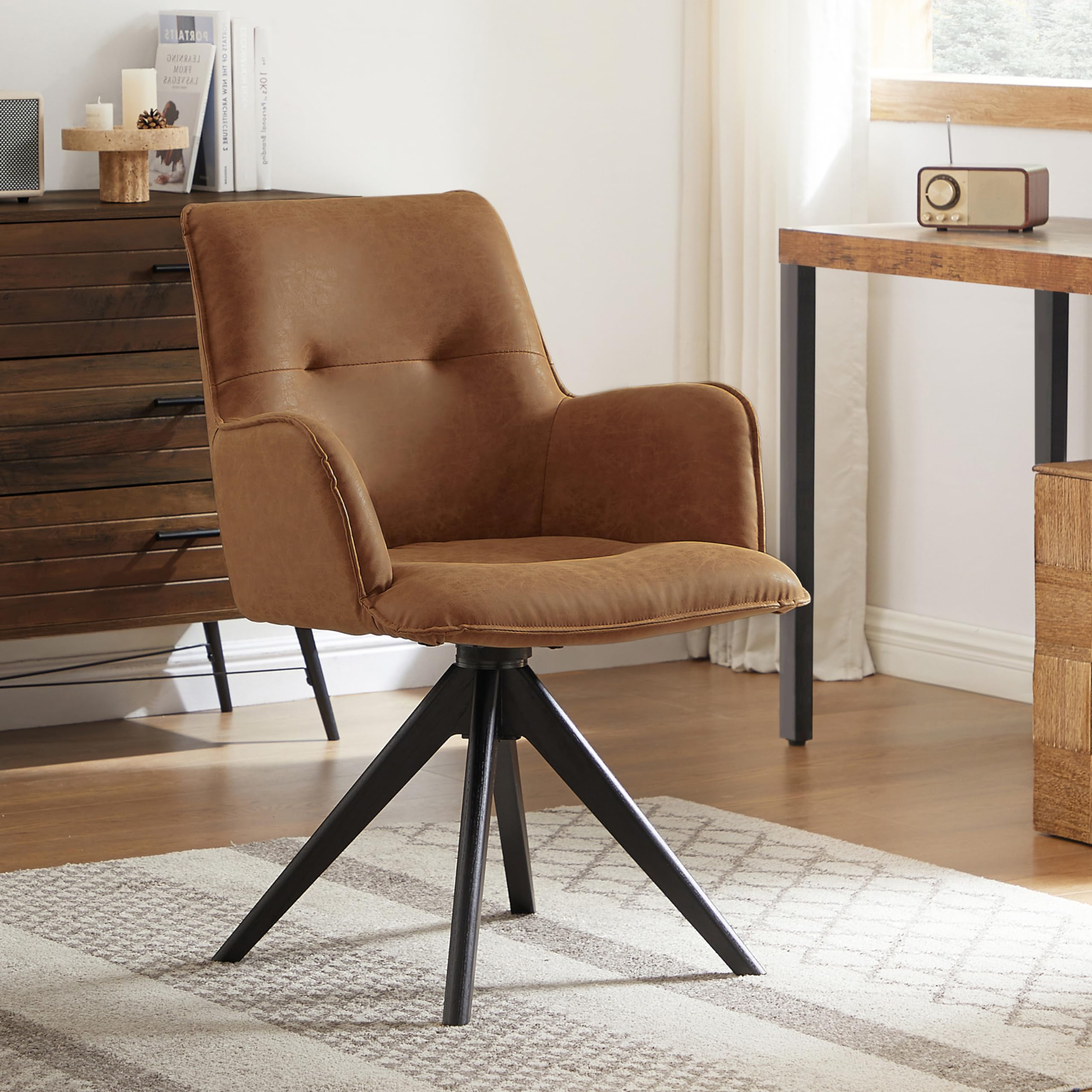 Art Leon Swivel Desk Chair - Faux Leather Upholstered Office Chair No Wheels, Mid Century Modern Armchair With Black Oak Wood Le