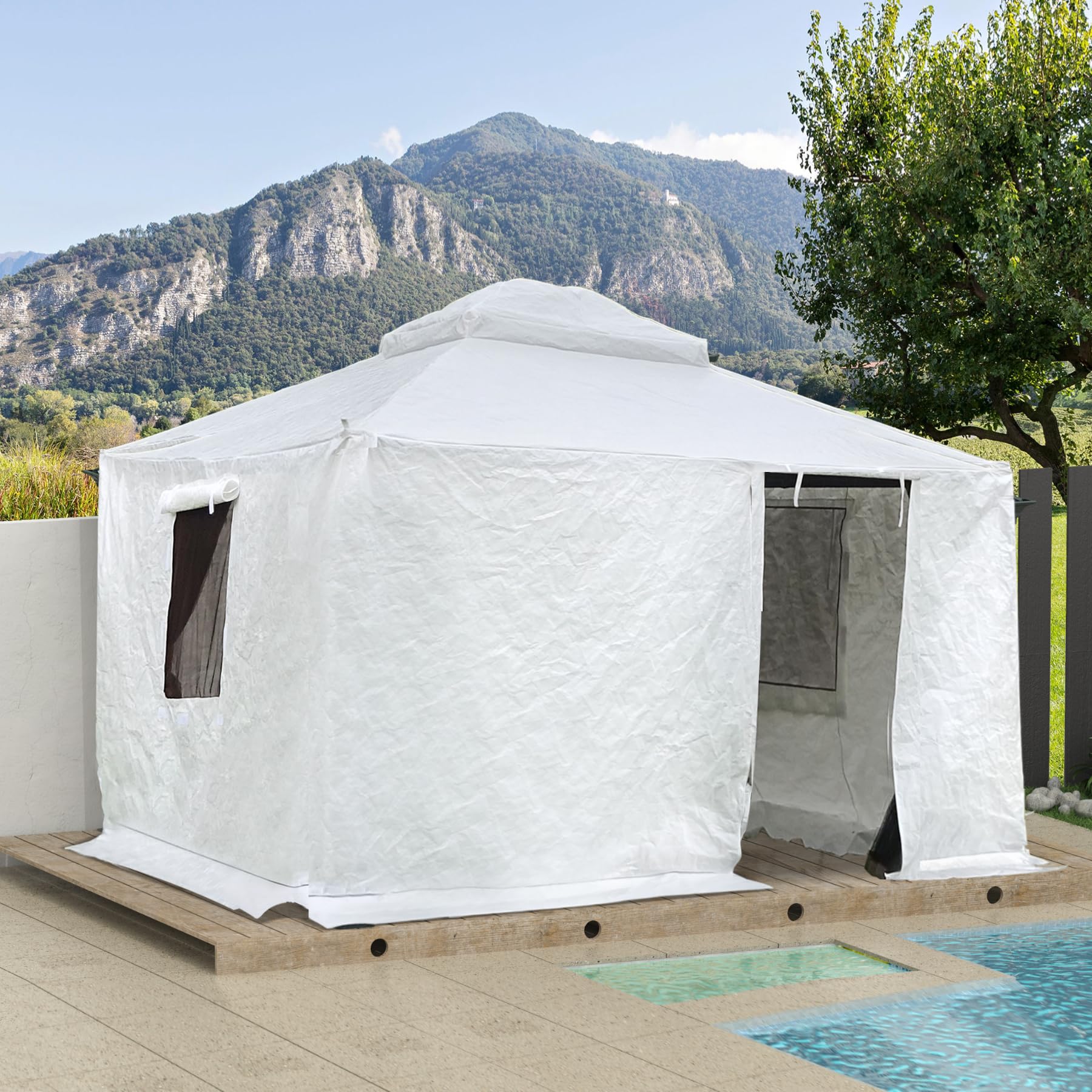Domi 10'X 14' Universal Winter Gazebocover For Hardtop Gazebos,Outdoorwaterproof Enclosed Cover With Sidewallsand Mesh Windows,W