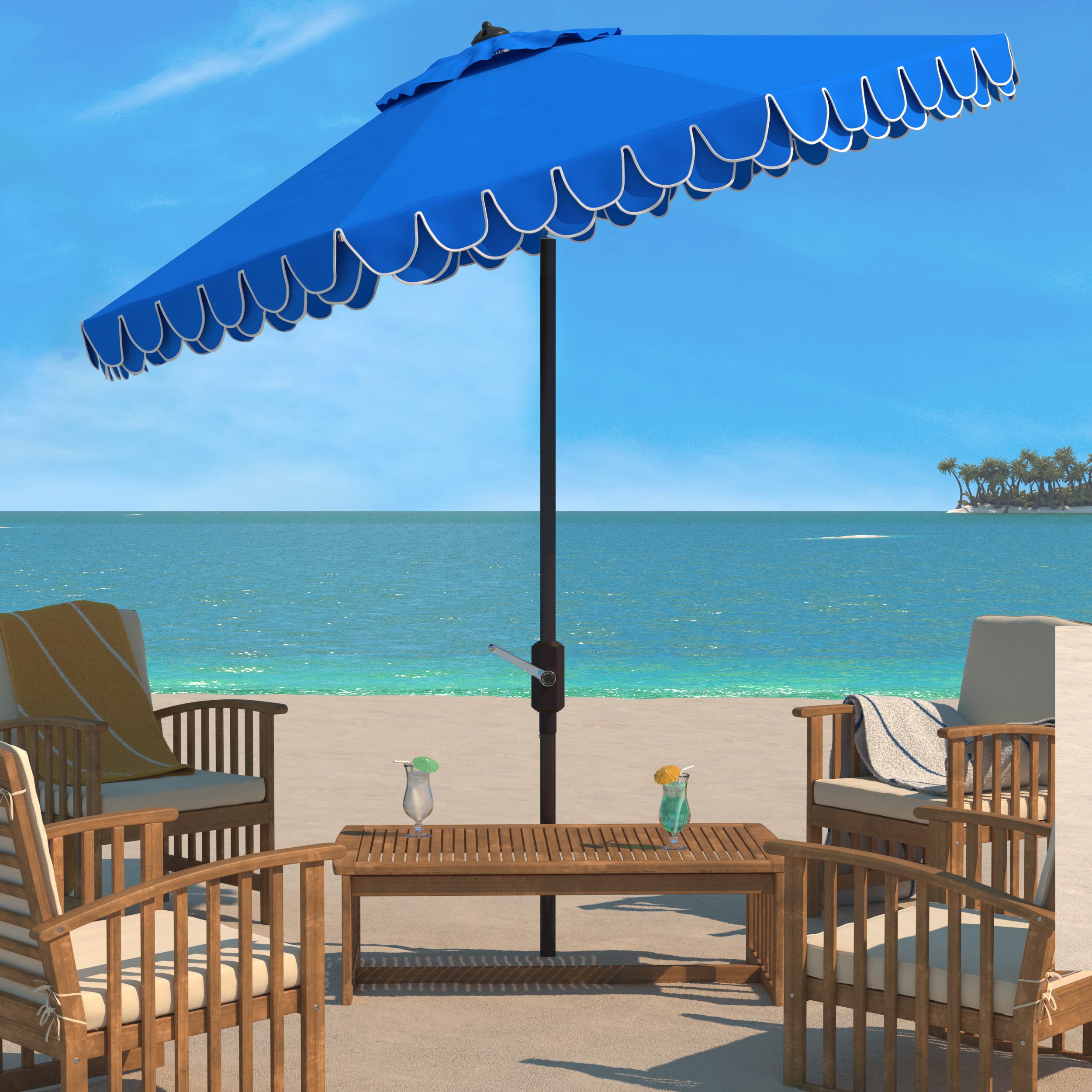 SAFAVIEH Outdoor Collection Elegant Valance Pacific Blue/White 9FT Auto Tilt Umbrella