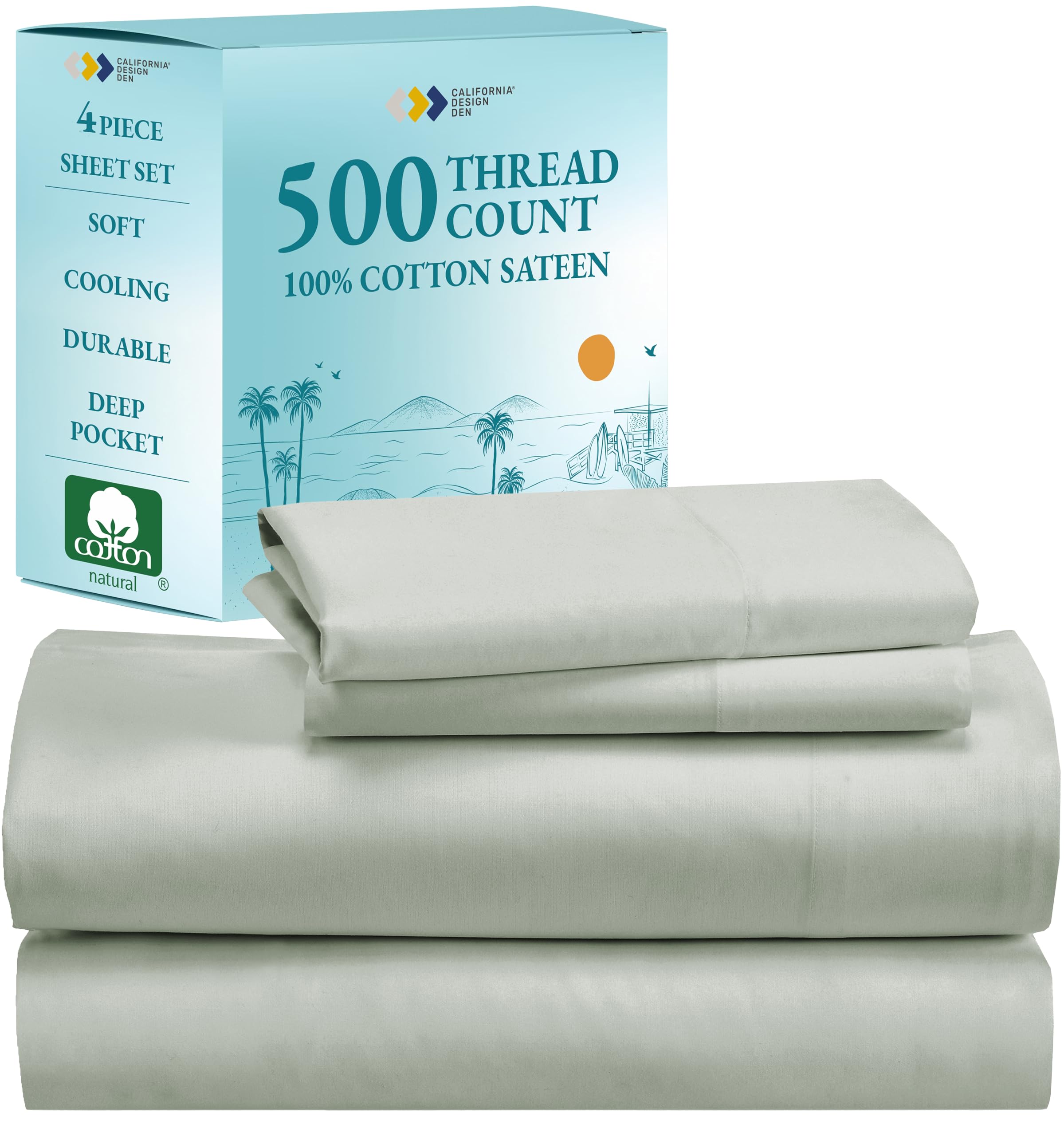 California Design Den - Finest Luxury Queen Bed Sheets Set, Soft 100% Cotton Cooling Sheets Deep Pockets Snug Fit Elastic, 500 T