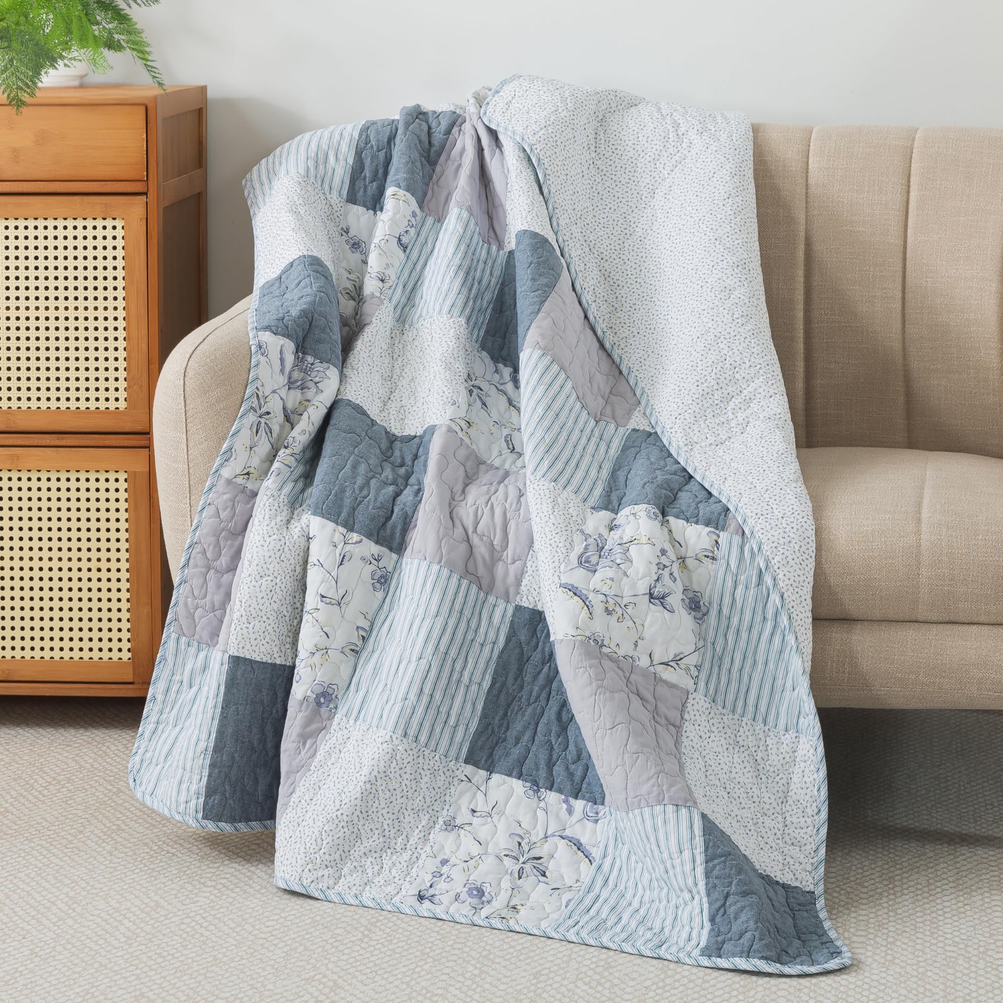 Coastal Dream 50' X 60' Cotton Quilted Throw Blanket, Soft Purple And Blue Farmhouse Patchwork Throw Quilt For Couch, Lightwei