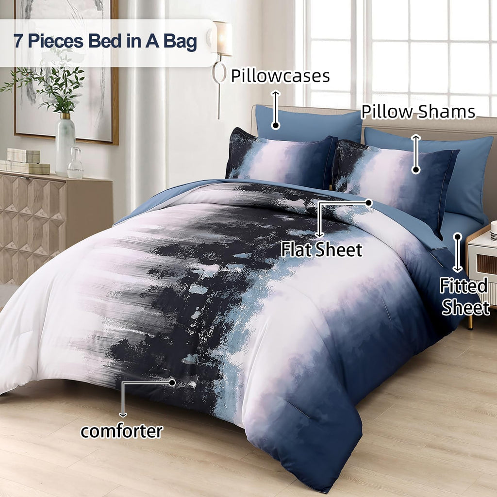 Dinjoy Ombre Blue Comforter Set King Size Gradient Navy Blue Black Boho Bedding Set For Teen Men Women 7 Pieces Bed In A Bag Boh