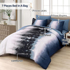 Dinjoy Ombre Blue Comforter Set King Size Gradient Navy Blue Black Boho Bedding Set For Teen Men Women 7 Pieces Bed In A Bag Boh