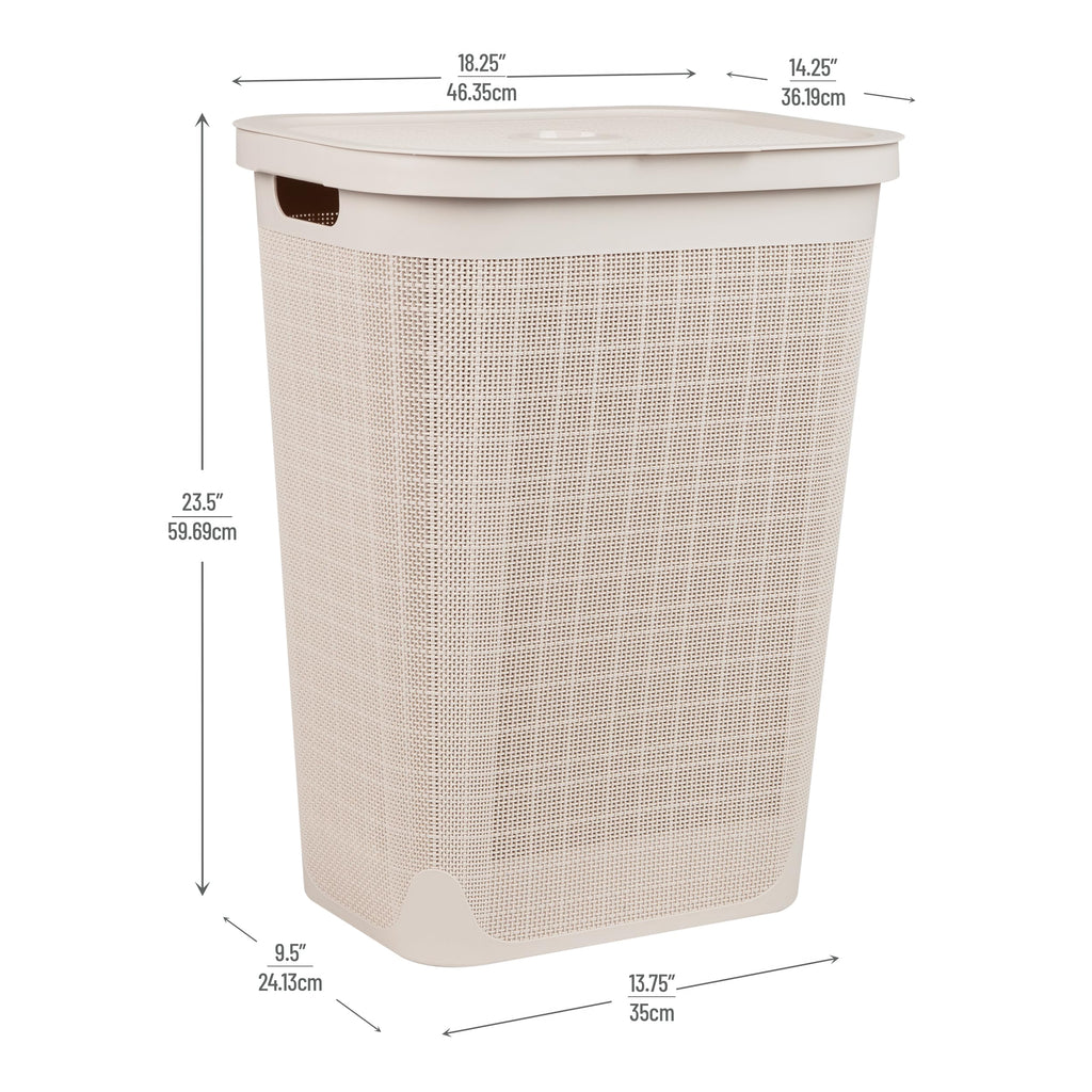 Mind Reader 60L Slim Laundry Hamper, Clothes Basket, Lid, Linen Design, Plastic, 18.25   L X 14.25   W X 23.5   H, Ivory