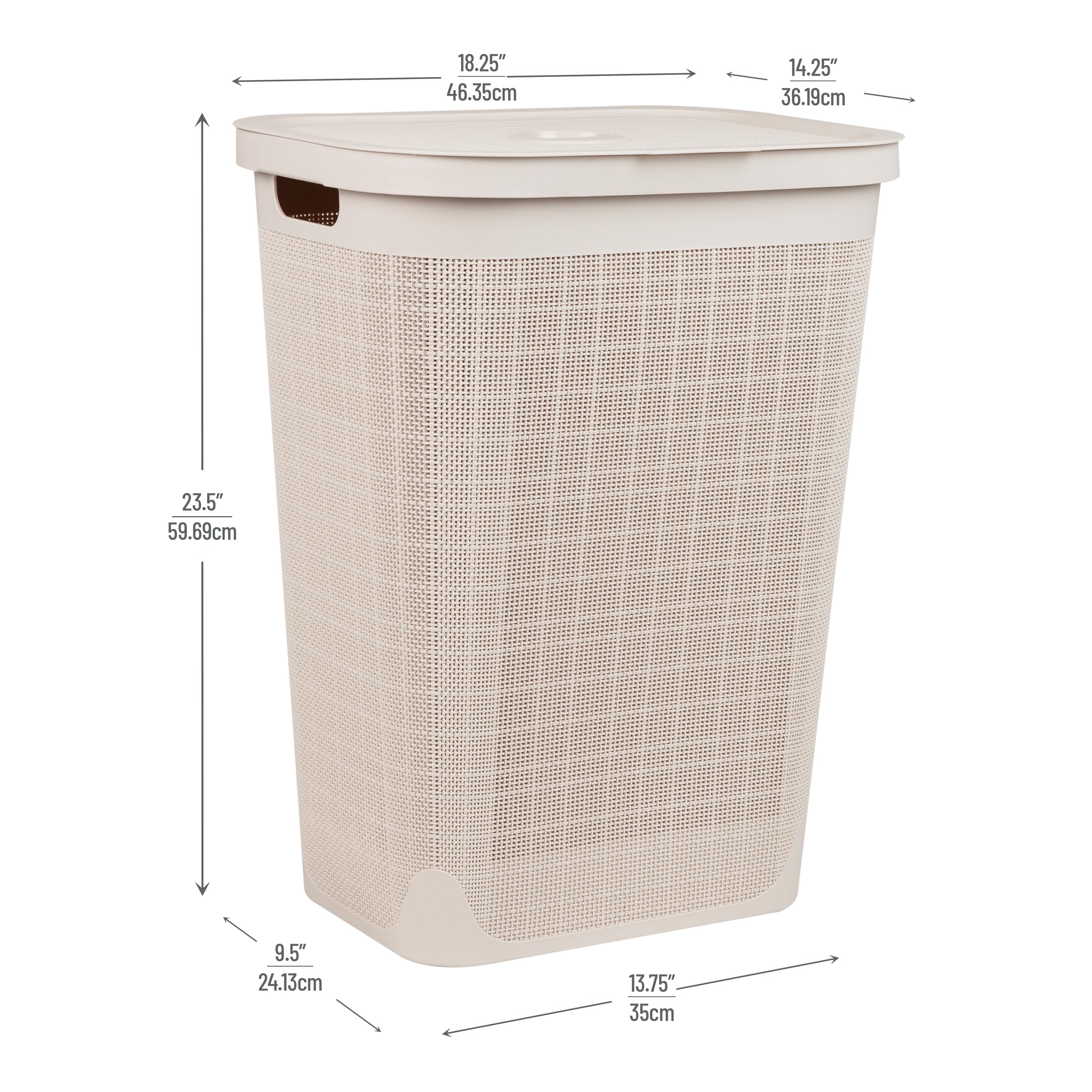 Mind Reader 60L Slim Laundry Hamper, Clothes Basket, Lid, Linen Design, Plastic, 18.25   L X 14.25   W X 23.5   H, Ivory
