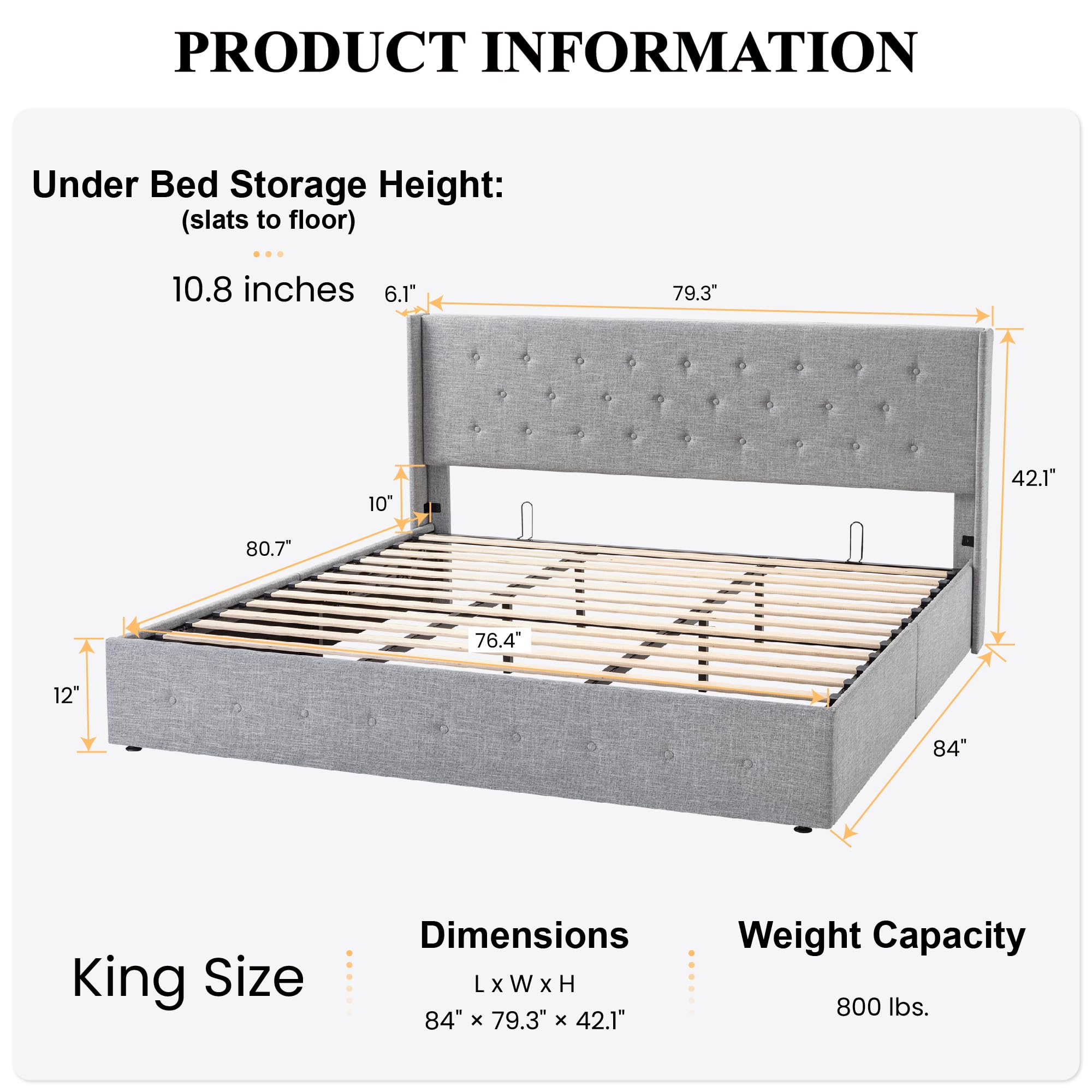 Sha Cerlin King Size Lift Up Storage Bed/Button Tufted Wingback Headboard/Hydraulic Storage/Upholstered Platform Bed Frame/No Box Spring Needed/Wood Slats Support/Light Grey