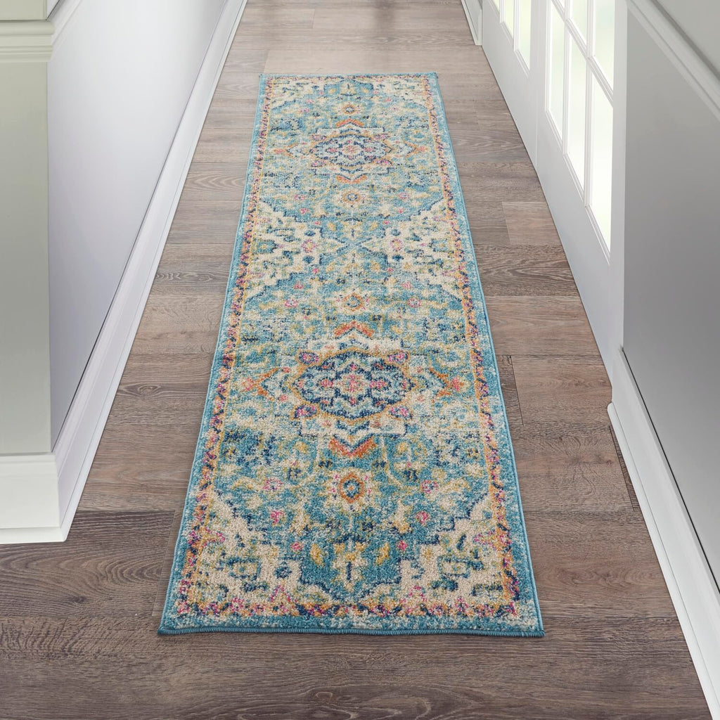 Nourison Passion Ivory/Light Blue 1'10' X 6' Area Rug, Boho, Moroccan, Bed Room, Living Room, Dining Room, Kitchen, Easy Cleani