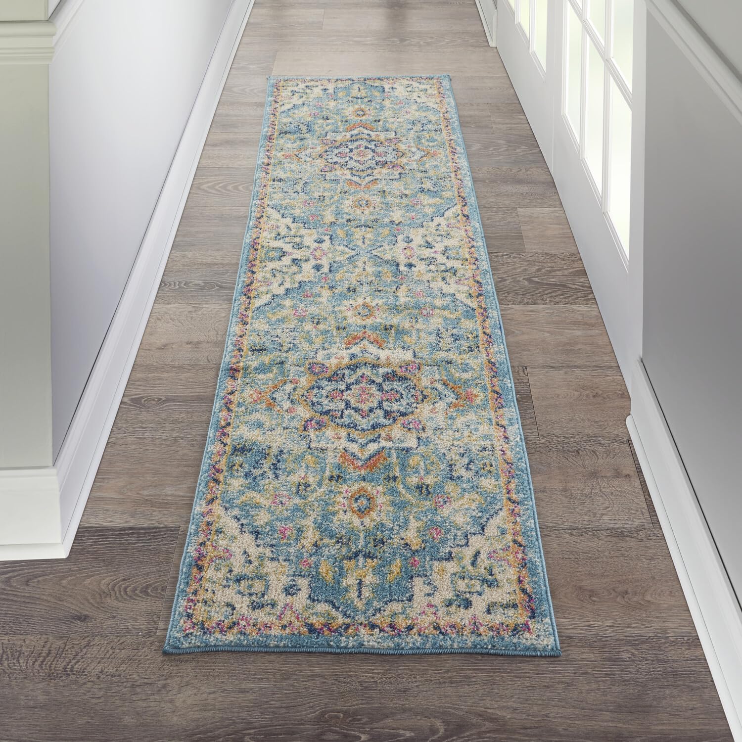 Nourison Passion Ivory/Light Blue 1'10' X 6' Area Rug, Boho, Moroccan, Bed Room, Living Room, Dining Room, Kitchen, Easy Cleani