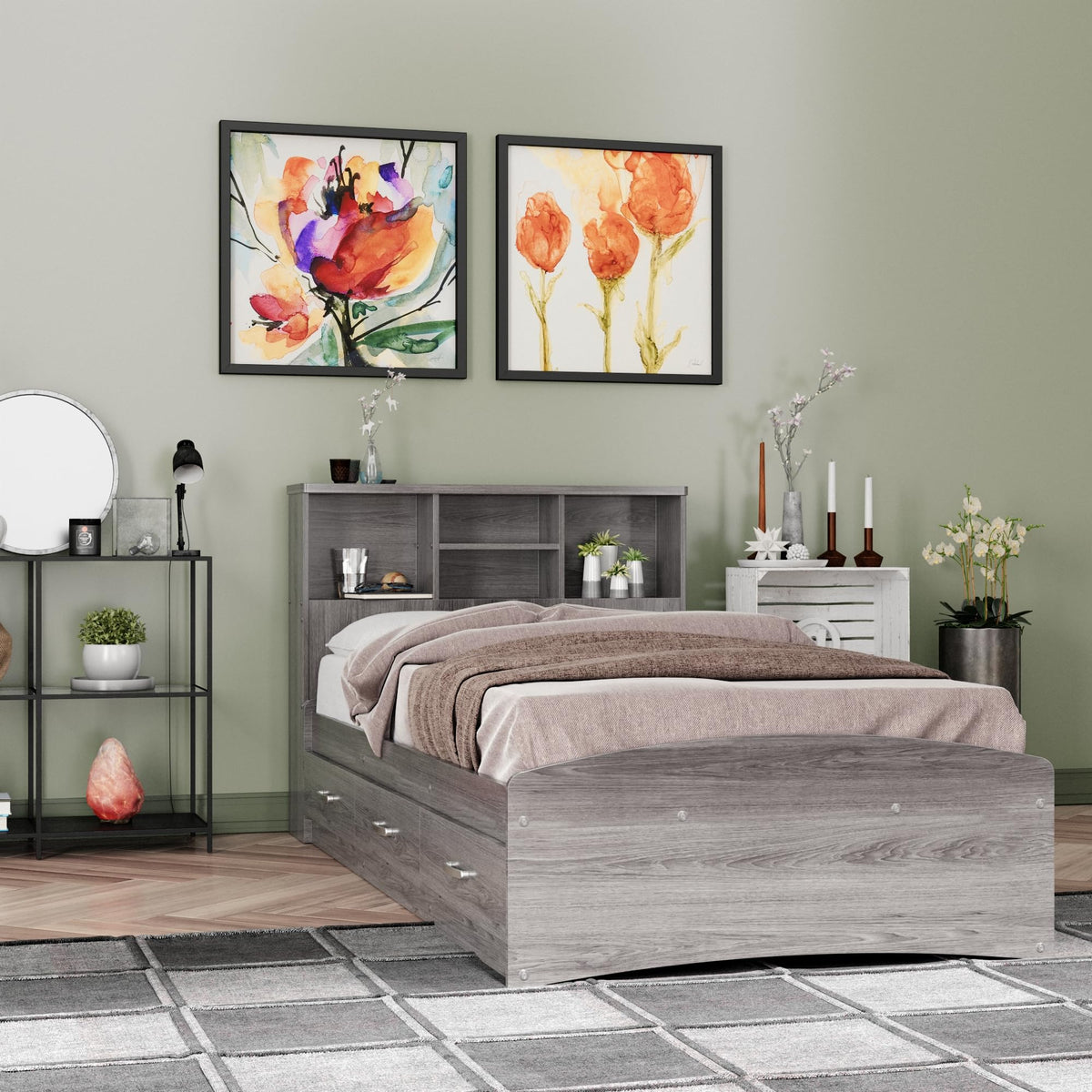 Bed with 3 Drawers and Bookcase Headboard (Grey, Twin)