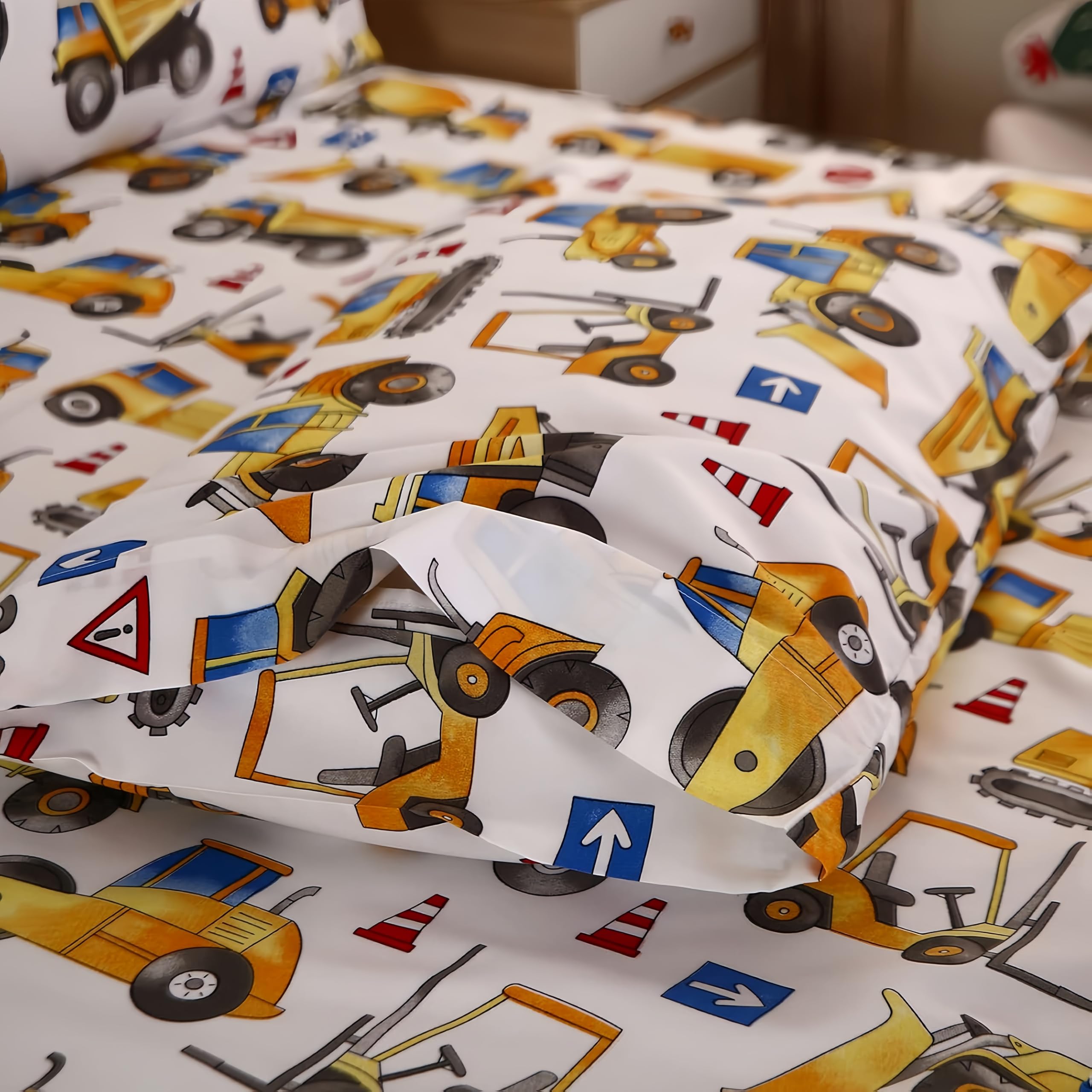 Sdy 4Pcs Car Bedding Sheets Twin Size, Construction Print Sheet Set Included 1 Fitted Sheet With 14'' Deep Pocket + 1 Top Flat S