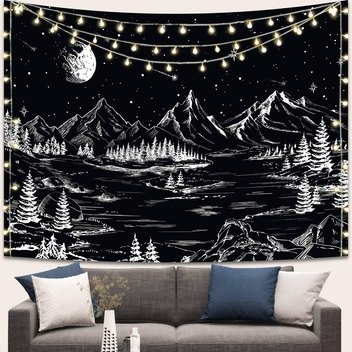 Apdidl Black And White Tapestry Starry Night Mountain Tapestries For Bedroom Aesthetic Moon And Stars Tapastry'S Wall Hanging Da