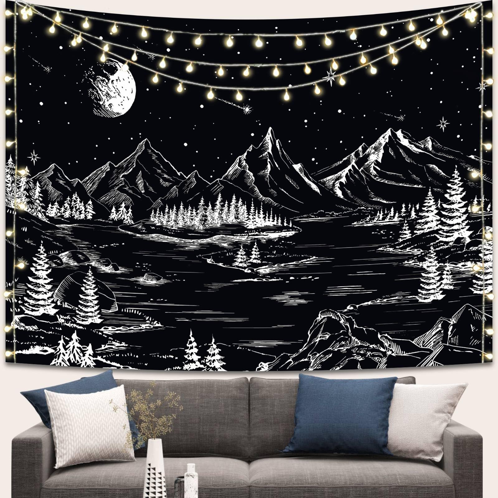 Apdidl Black And White Tapestry Starry Night Mountain Tapestries For Bedroom Aesthetic Moon And Stars Tapastry'S Wall Hanging Da