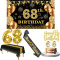 68th Birthday Decorations Men Women with 68th Birthday Banner, Black and Gold Table Cloth, Number Balloons, Sash, Cake Topper an