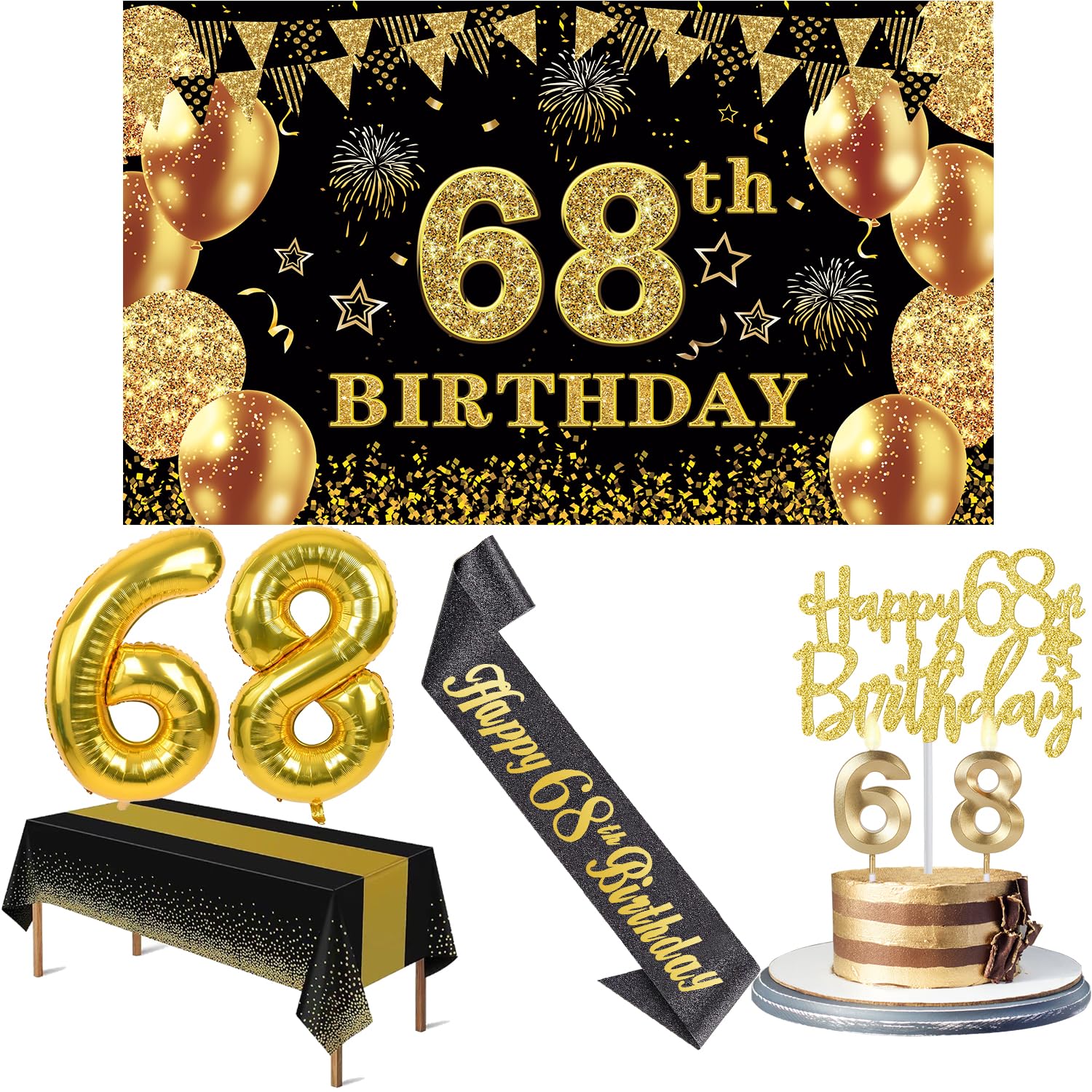 68th Birthday Decorations Men Women with 68th Birthday Banner, Black and Gold Table Cloth, Number Balloons, Sash, Cake Topper an