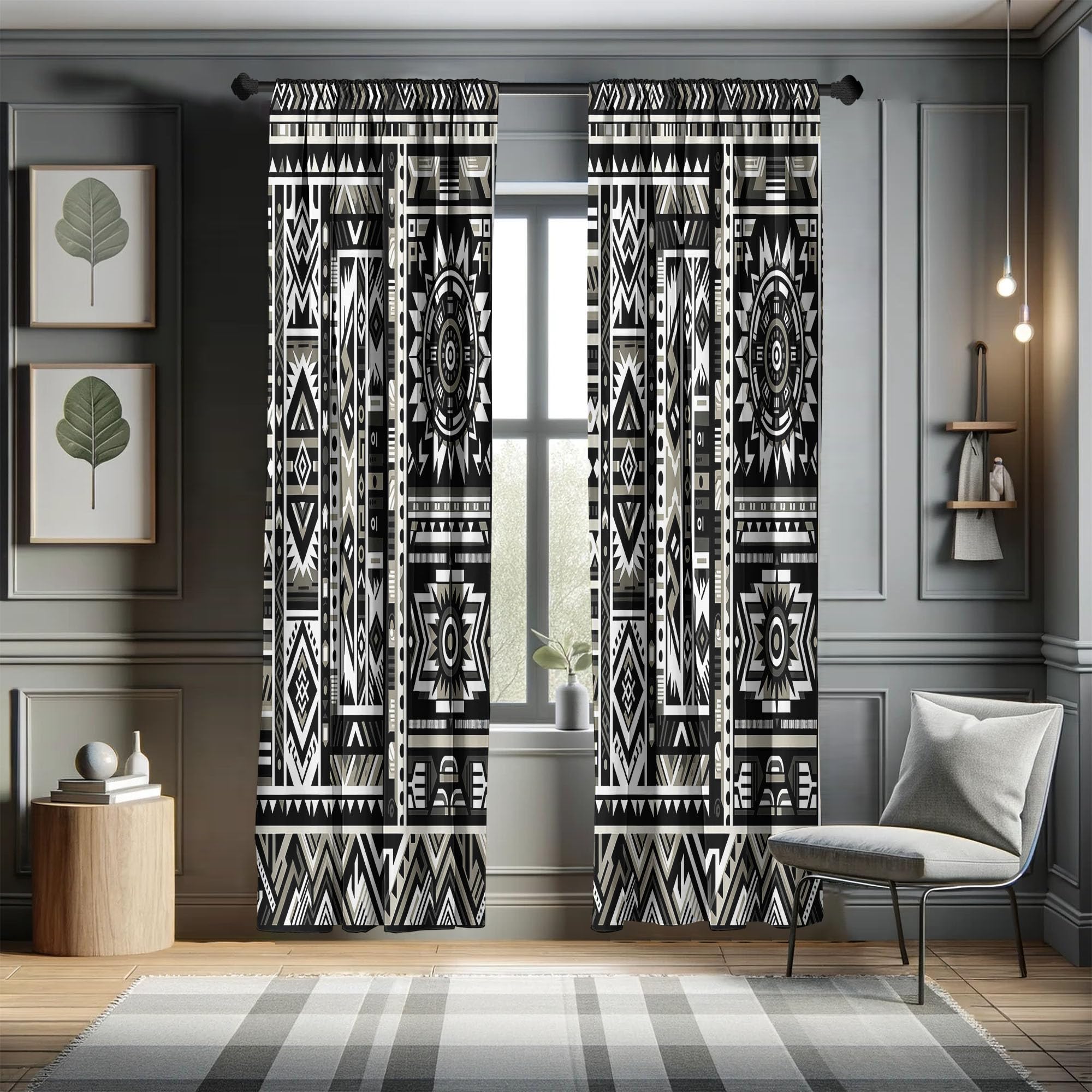 Ambesonne Southwestern Window Curtains Pack Of 2, Monochrome Colors Design With Zigzags Arrows And Cultural Motifs, Lightweight