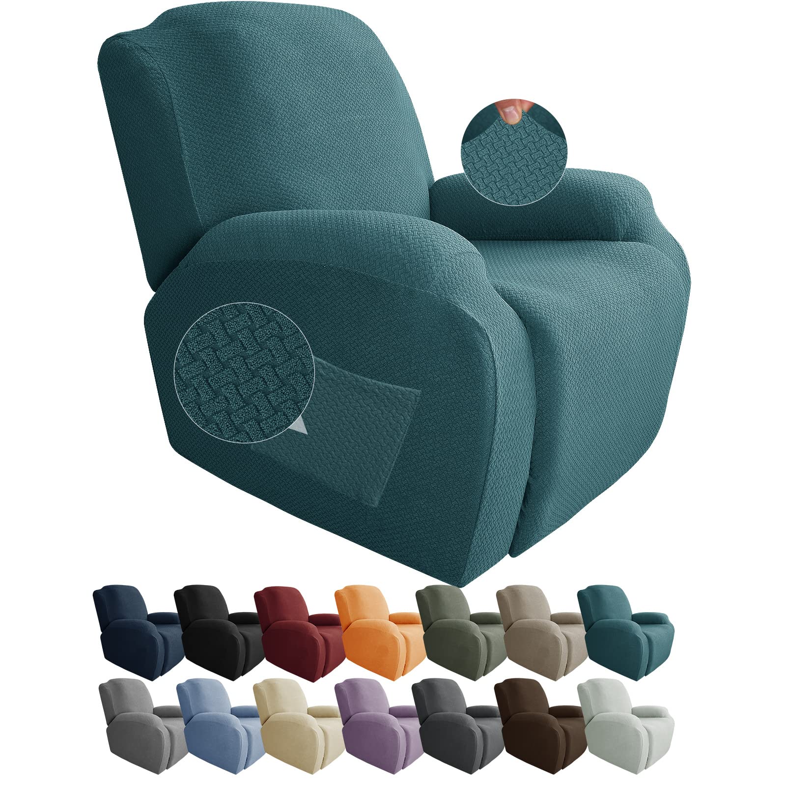 Jiviner Newest Design 4-Piece Recliner Chair Covers Stretch Jacquard Covers For Recliner Chair Recliner Slipcovers For Living Room Soft Recliner Protector With Pocket (Recliner, Peacock Blue)