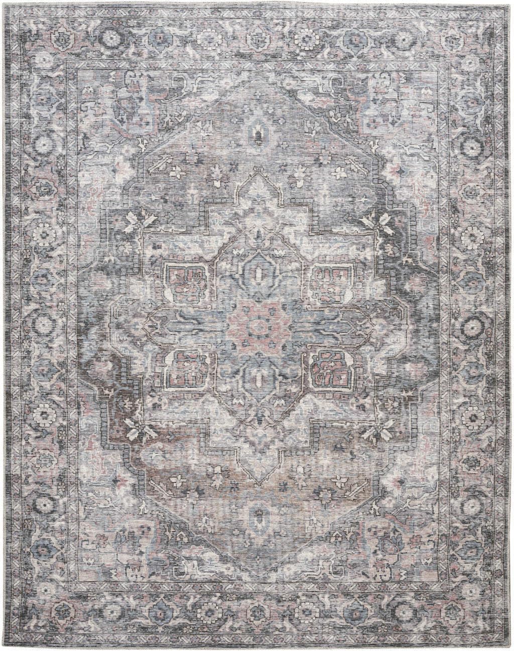 HomeRoots 522429 9 x 12 ft. Gray Floral Power Loom Distressed Washable Rectangle Traditional Area Rug