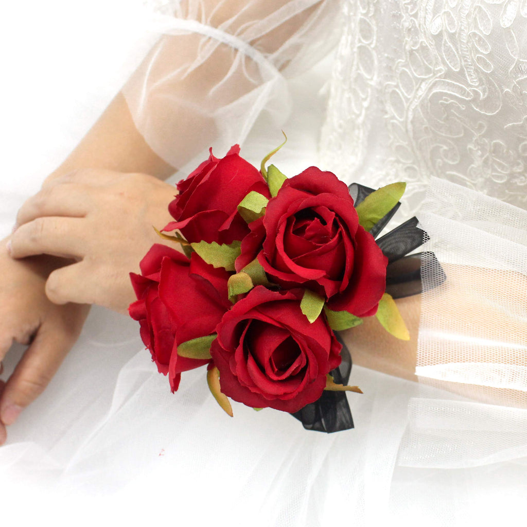 Abbie Home Prom Rose Corsage Boutonniere Set Real Touch Flowers For Party Ball Dancing Wedding With Lace Bow D  Cor (Red)