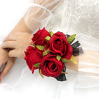 Abbie Home Prom Rose Corsage Boutonniere Set Real Touch Flowers For Party Ball Dancing Wedding With Lace Bow D  Cor (Red)