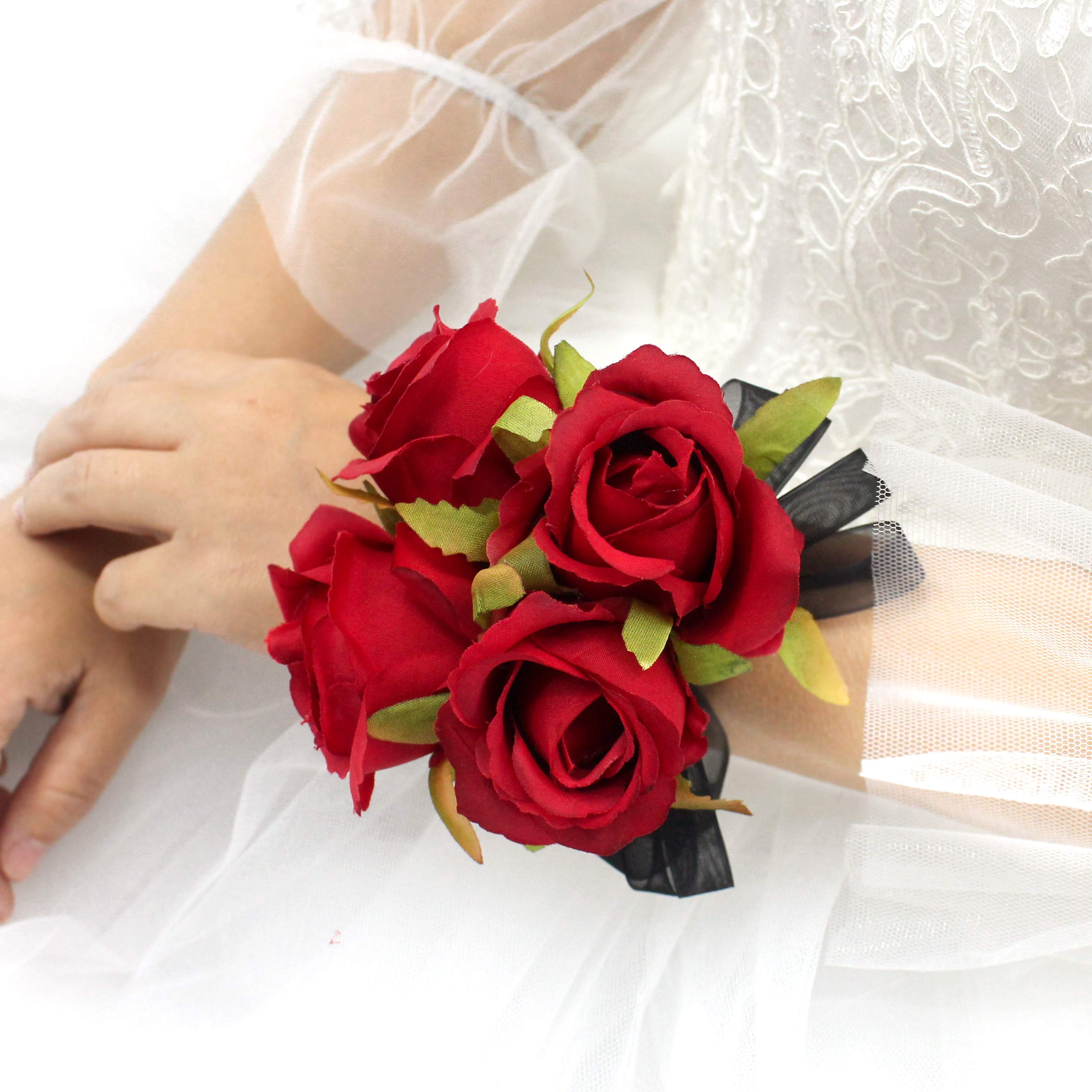 Abbie Home Prom Rose Corsage Boutonniere Set Real Touch Flowers For Party Ball Dancing Wedding With Lace Bow D  Cor (Red)