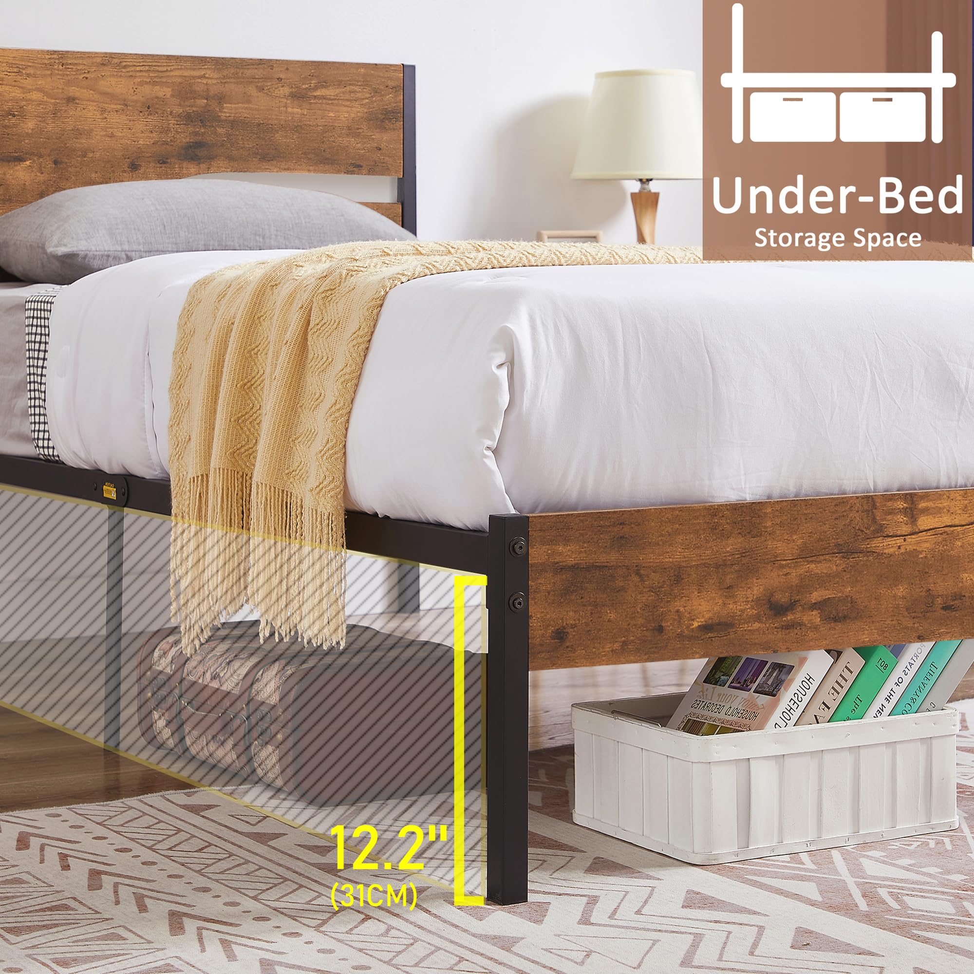 Vecelo Platform Bed Frame Twin Size With Rustic Vintage Wood Headboard, Strong Metal Slats Support, No Box Spring Needed