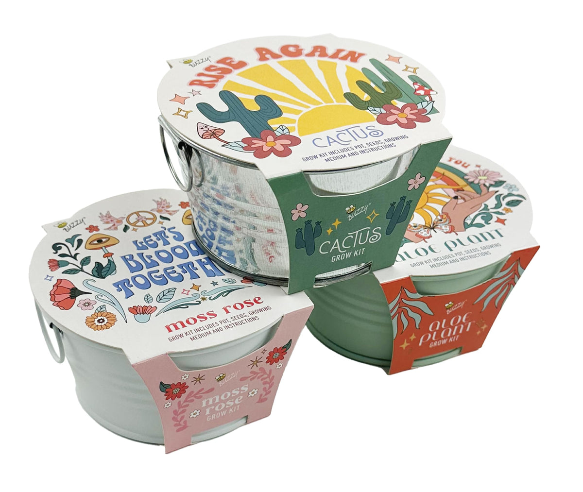 Buzzy Seeds Cactus, Moss Rose, Aloe Mini Basin Grow Kit Trio | 3-Pack | Guaranteed To Grow | Best Indoor-Outdoor Gardening Gift