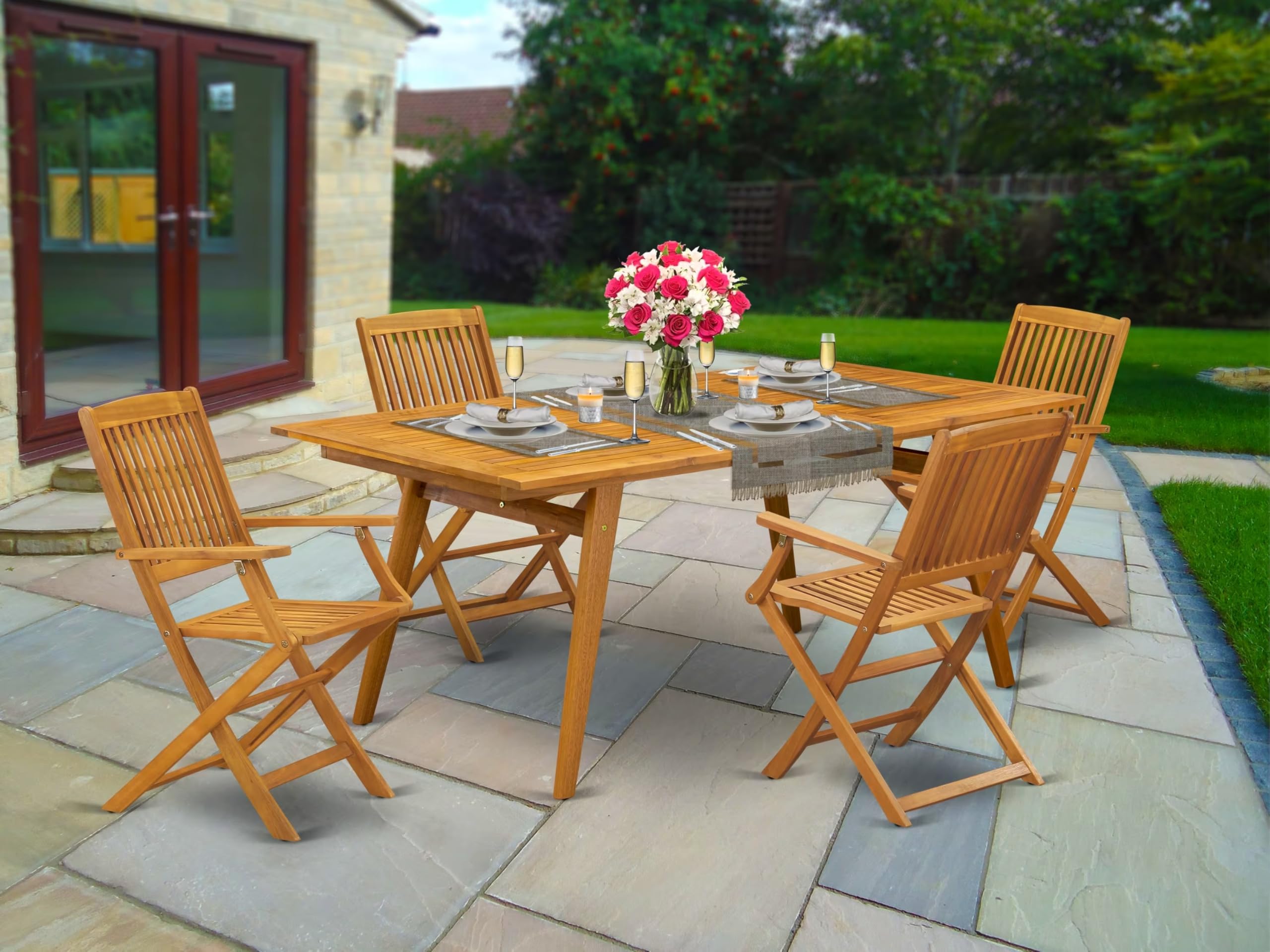 East West Furniture Decm5Cana 5 Piece Patio Dining Set Includes A Rectangle Outdoor Acacia Wood Table And 4 Folding Arm Chairs, 40X72 Inch, Natural Oil