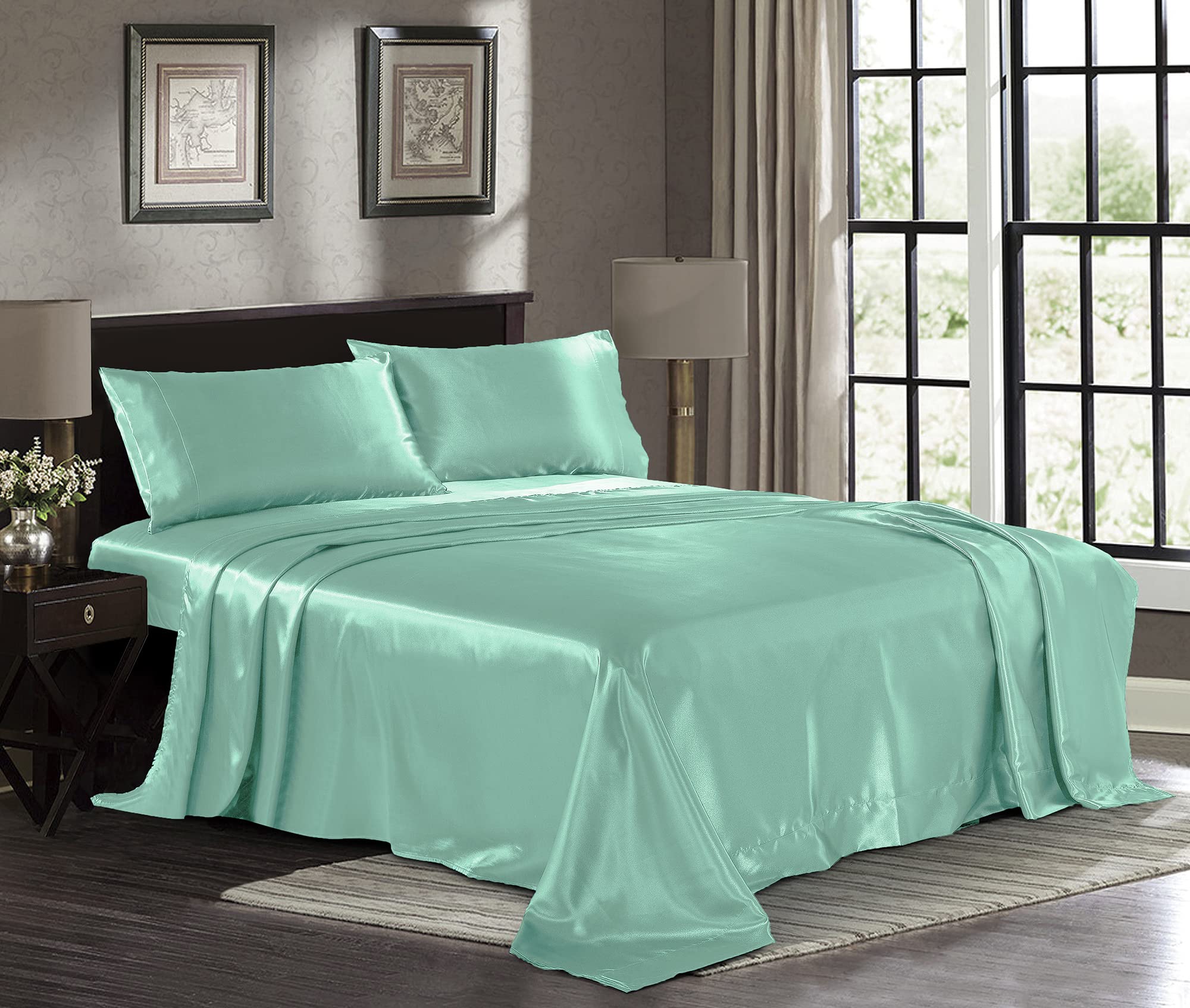 Satin Sheets King [4-Piece, Turquoise] Hotel Luxury Silky Bed Sheets - Extra Soft 1800 Microfiber Sheet Set, Wrinkle, Fade, Stai