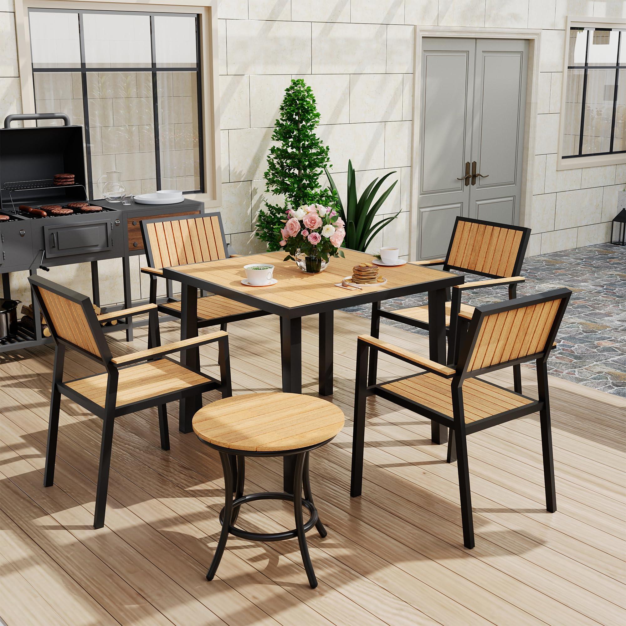 Pamapic 6-Piece Patio Dining Set,Outdoor Aluminum Furniture Set with Plastic-Wood Table Top,Outdoor Furniture Set with 4 Outdoor