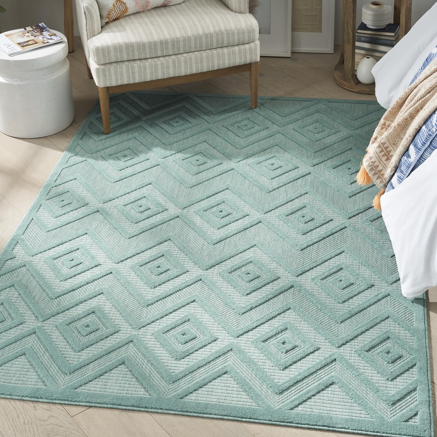 Nourison Versatile Indoor/Outdoor Aqua/Teal 4' X 6' Area Rug, Easy Cleaning, Non Shedding, Bed Room, Living Room, Dining Room, Deck, Backyard, Patio, High Traffic Area (4X6)