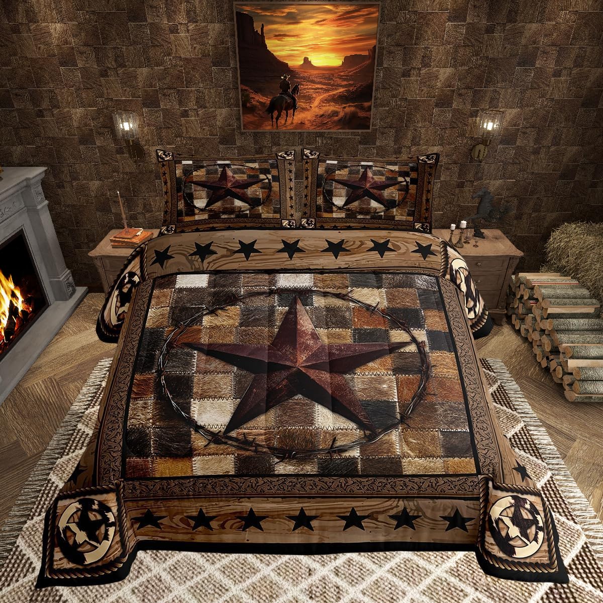 Western Cowboy Kids Comforter Set King Size,Western Texas Star Cow Fur Chic Bedding Set,Boys Girls Adults Room Decor,Wooden Plan