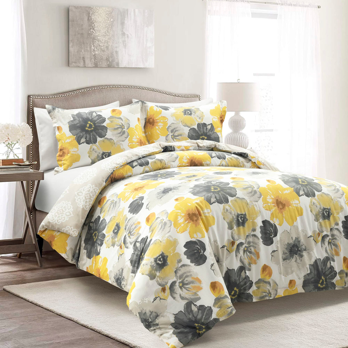 Lush Decor Leah Reversible 100% Cotton Duvet Cover Set, 3 Piece Set, Full/ Queen, Yellow & Gray - Charming Floral Bedding Set -