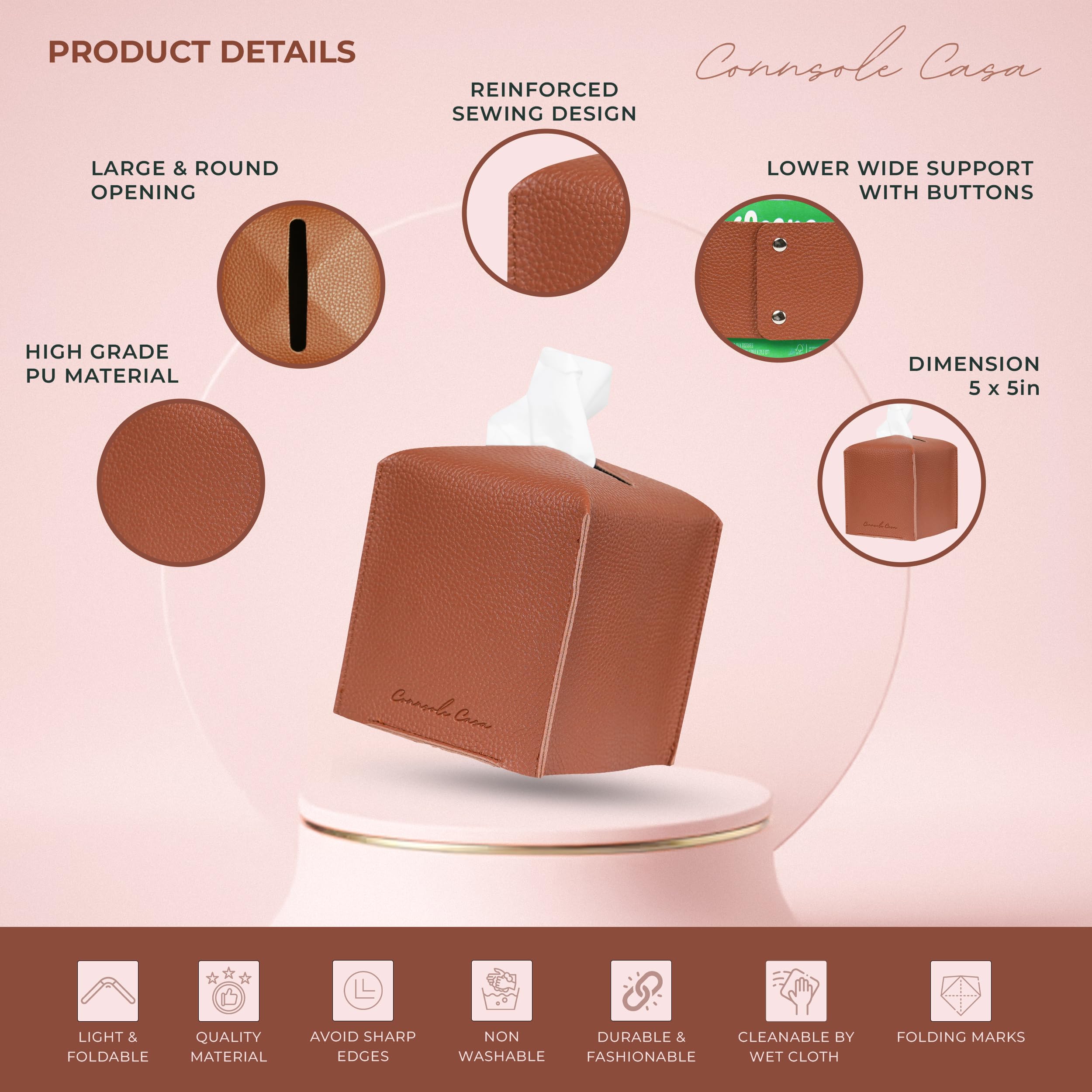 Connsole Casa Premium Pu Leather Tissue Box Holder - Elegant Hotel-Style Camel Tissue Box Cover For Enhanced D  Cor Of Home, Off