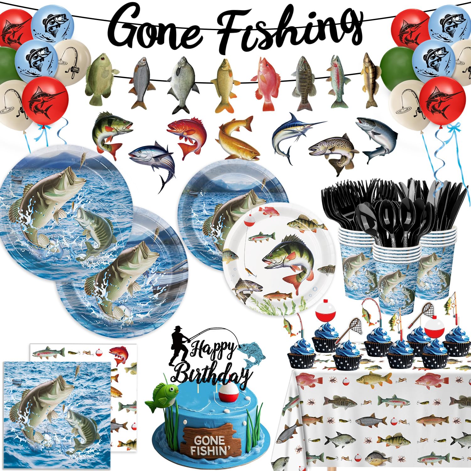 178PCS Fishing Birthday Party Decorations Includes Plates, Napkins, Cups, Cutlery, Tablecloth, Cake & Cupcake Toppers, Banner, H
