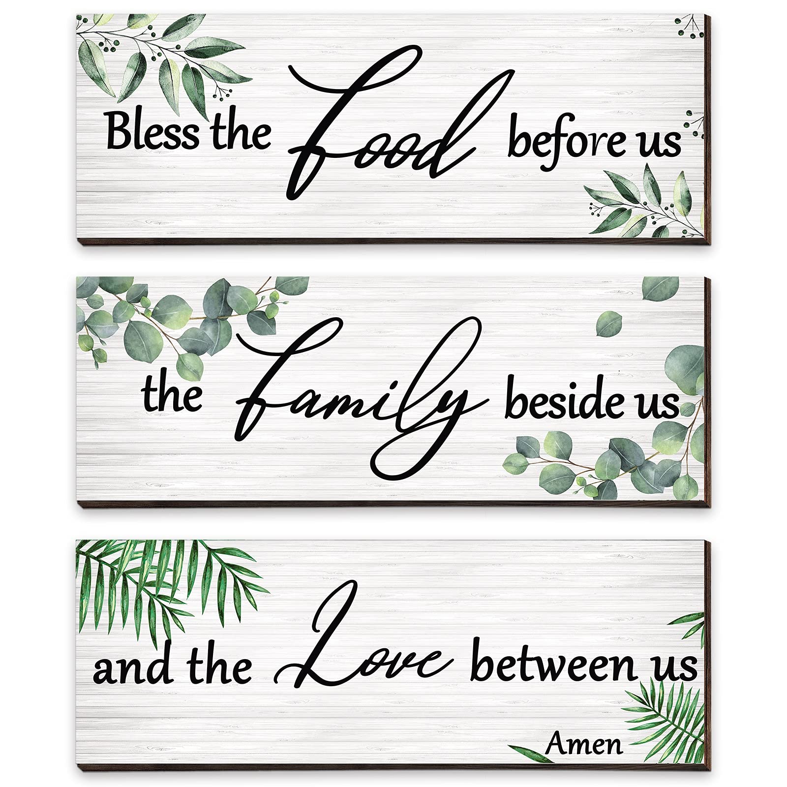 3 Pieces Eucalyptus Greenery Wooden Wall Sign Bless Family Food Love Plaque Botanical Leaf Wood Sign Green Leaves Rustic Sign Pl