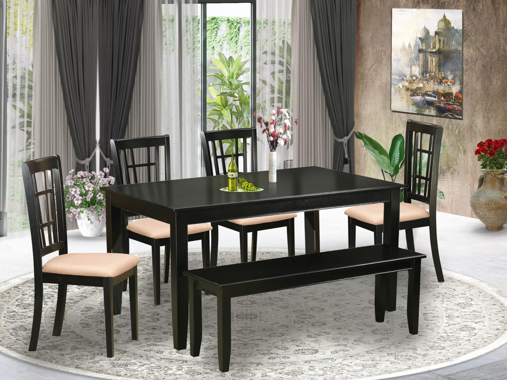 East West Furniture DUNI6-BLK-C 6 Piece Dining Table Set Contains a Rectangle Wooden Table and 4 Linen Fabric Dining Room Chairs with a Bench, 36x60 Inch, Black
