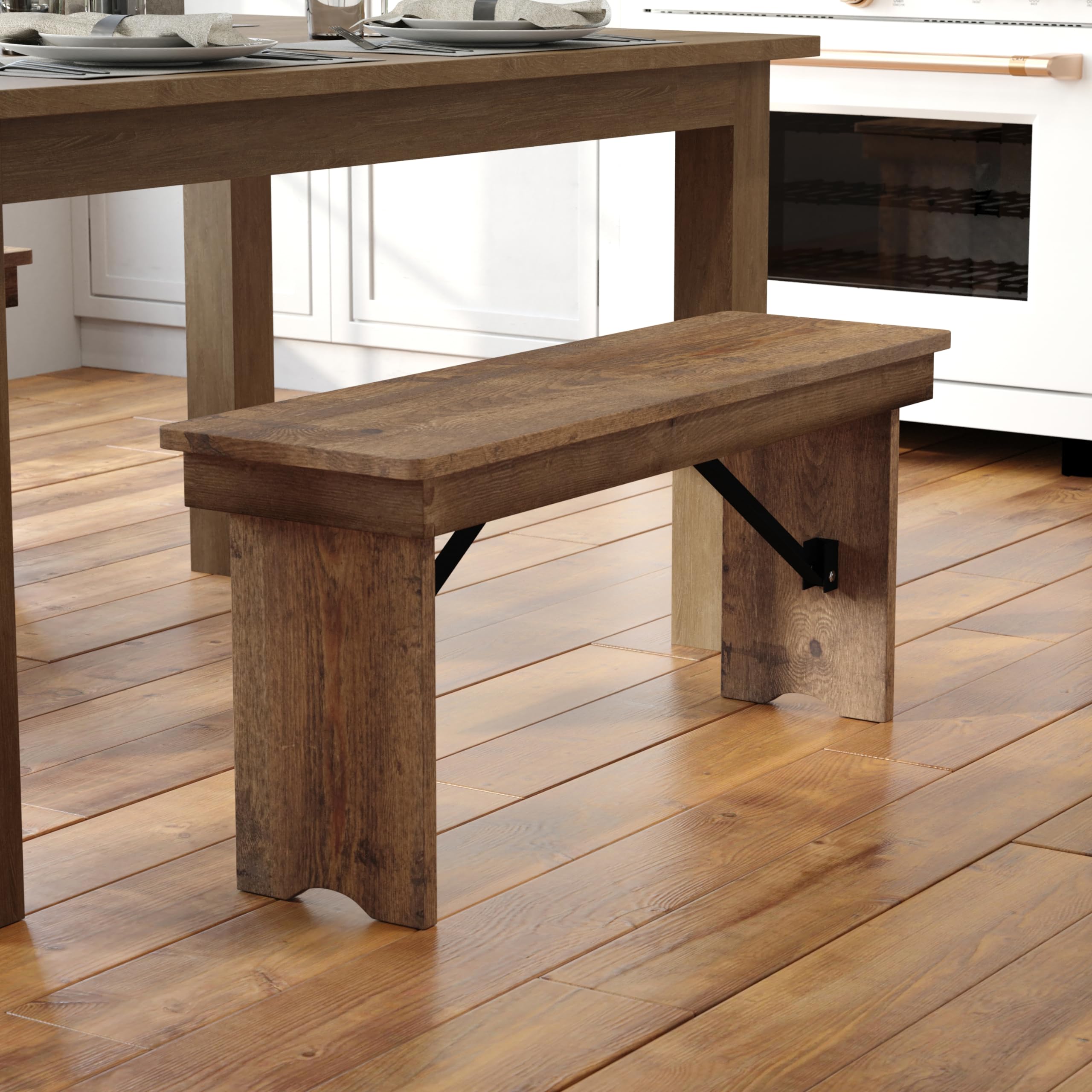 Flash Furniture Hercules Series 40" X 12" Commercial Grade Rustic Solid Pine Folding Bench, Antique Farmhouse Dining Bench, Seats Up To 2 Adults