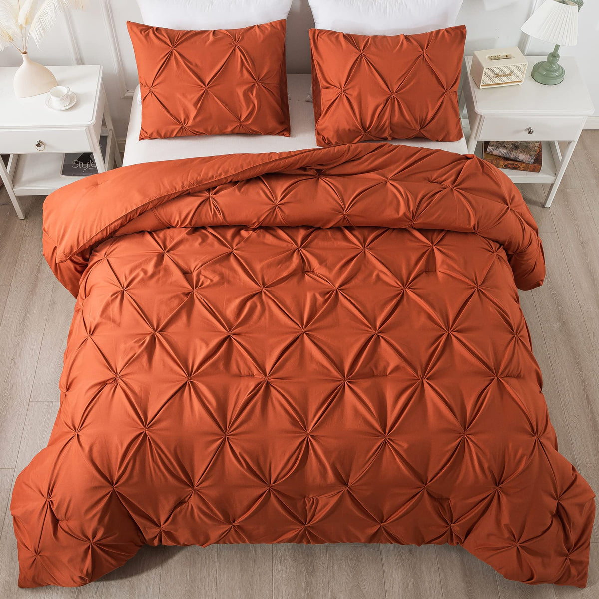 Andency Burnt Orange Pinch Pleat Comforter Full(79X90Inch), 3 Pieces(1 Pintuck Comforter And 2 Pillowcases) Down Alternative Mic