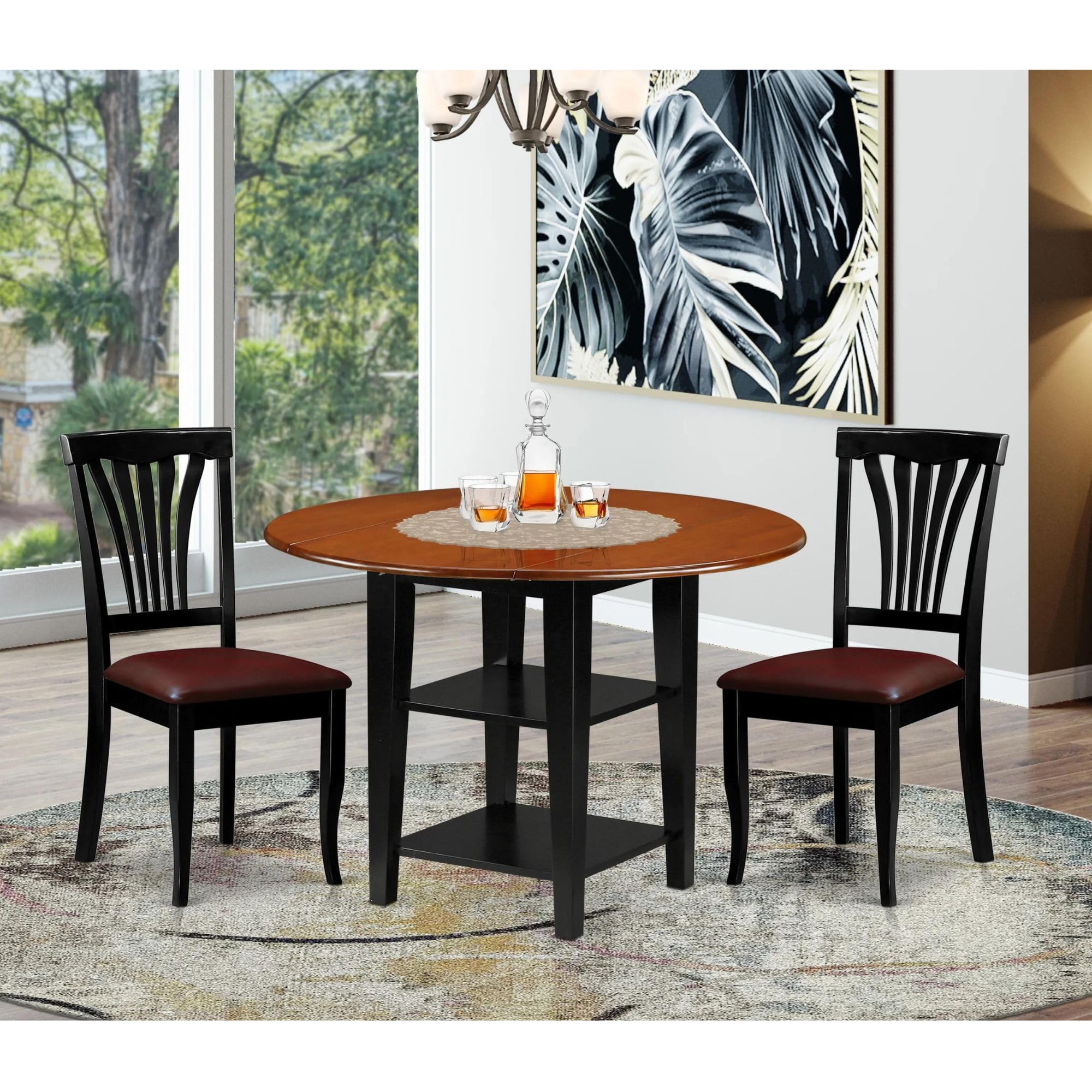 East West Furniture Suav3-Bch-Lc 3 Piece Sudbury Set With One Round Table And Two Dinette Chairs With Faux Leather Seat In A Beautiful Black And Cherry Finish