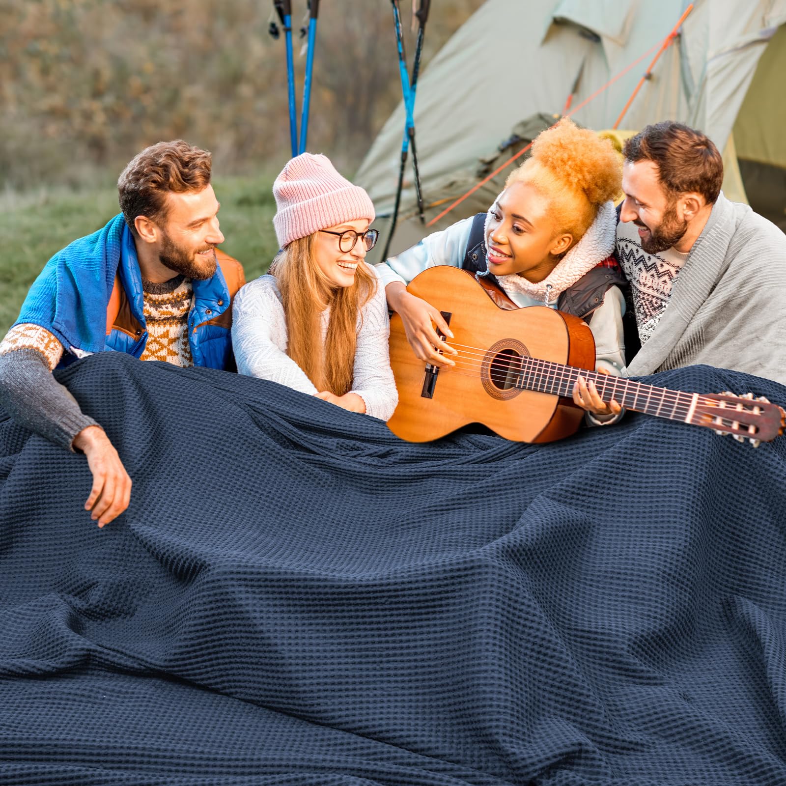Phf 100% Cotton Waffle Weave Blanket California King Size 120'X 120'- Washed Soft Lightweight Breathable Oversize Huge Blanket For All Season- Extra Large Blanket For Couch Bed Sofa - Dark Navy