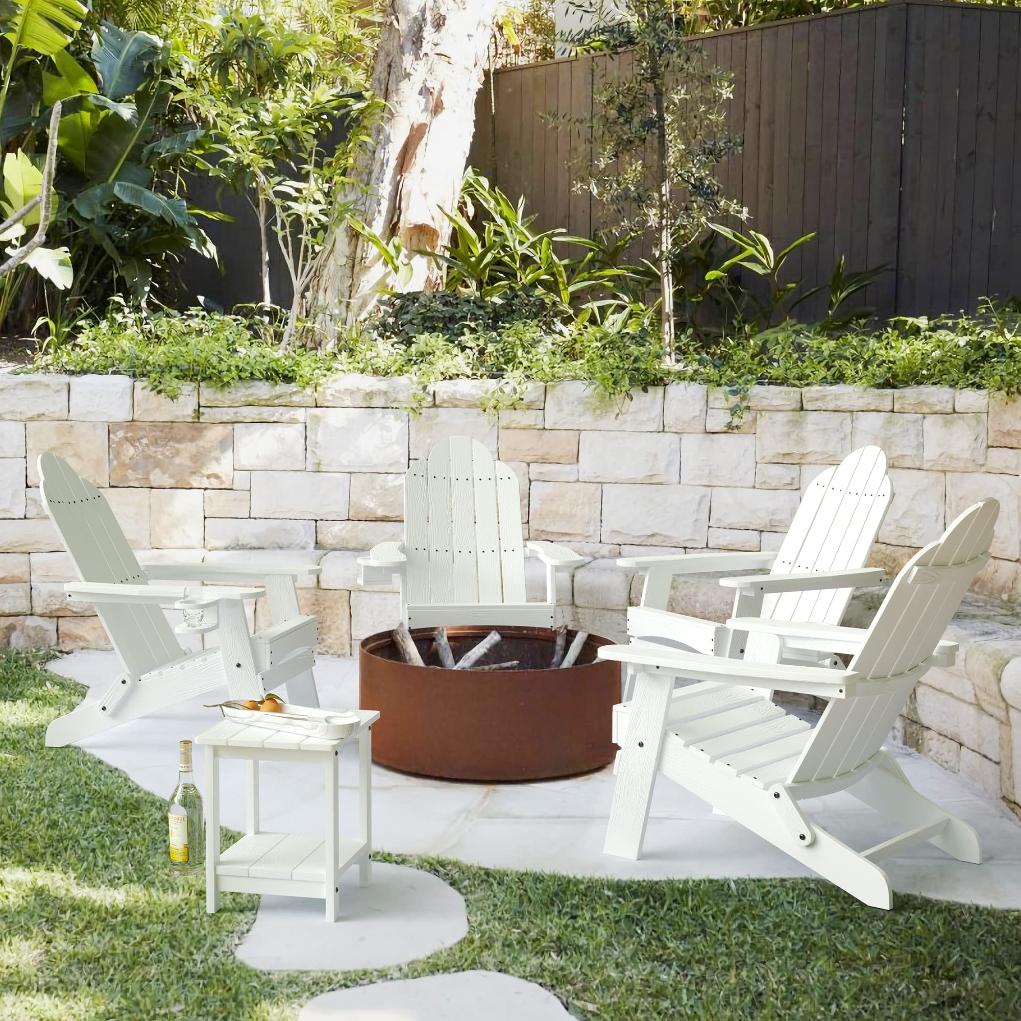 Lue Bona Folding Adirondack Chair Set Of 4, White Hdps Fire Pit Patio Chairs Weather Resistant, Modern Plastic Outdoor Chairs With Cup Holder