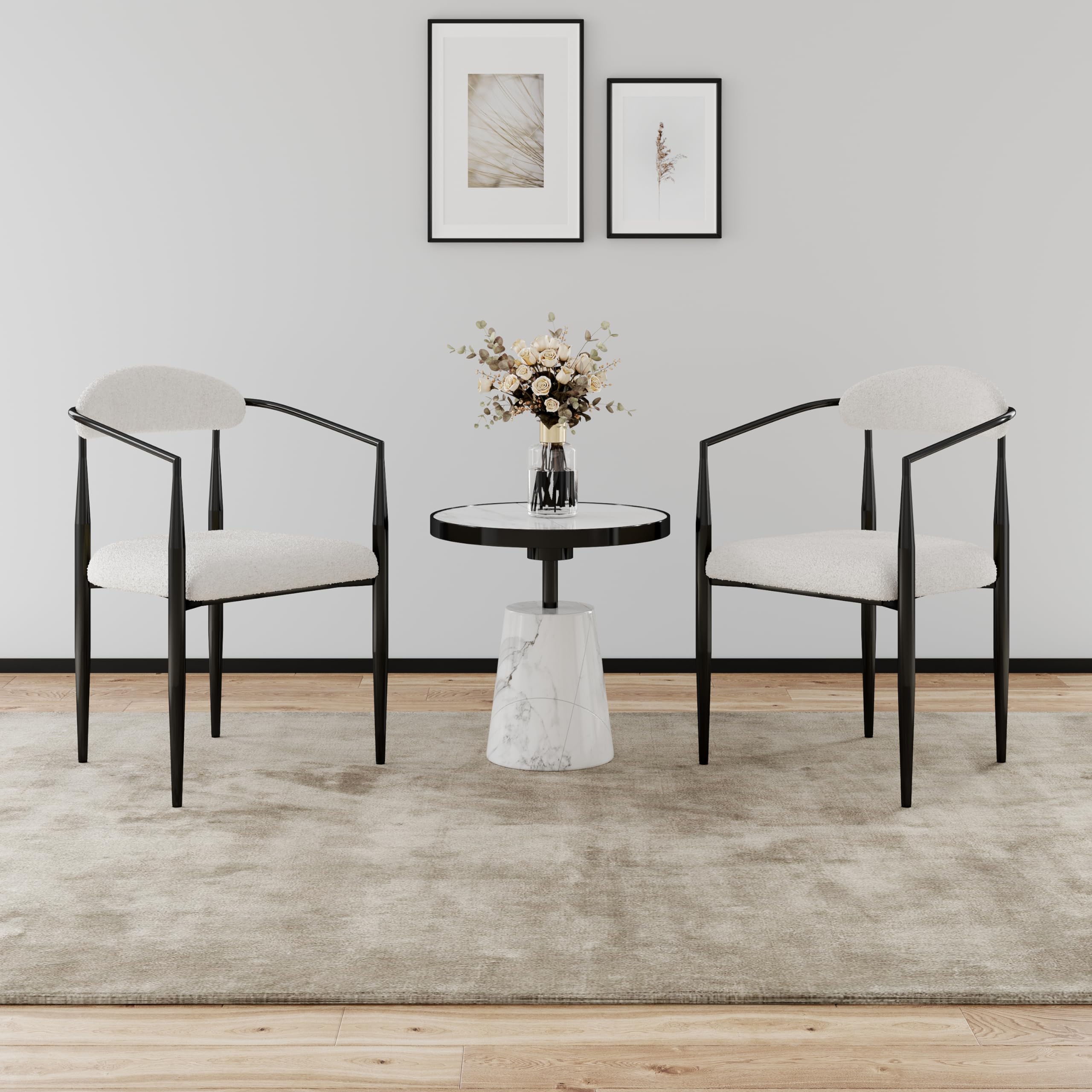 Baysitone White Dining Chairs Set Of 2, Upholstered Boucle Dining Room Chairs With Arms, Mid-Century Modern Design, Black Metal