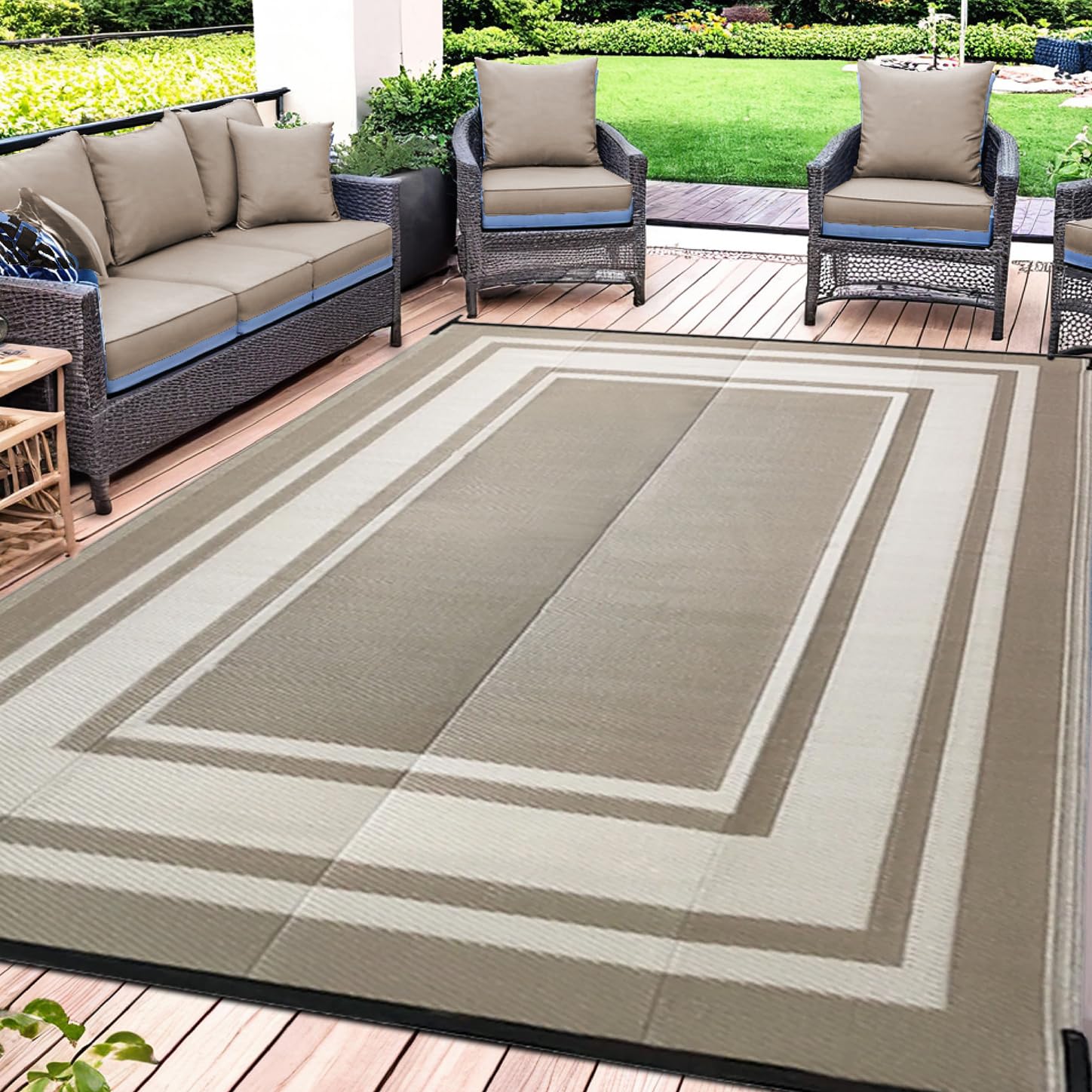 Satisinside Outdoor Rug 5X8 Ft Waterproof Plastic Straw Rugs For Patio Clearance,Rv,Beach,Camping, Backyard,Porch, Picnic - Grey