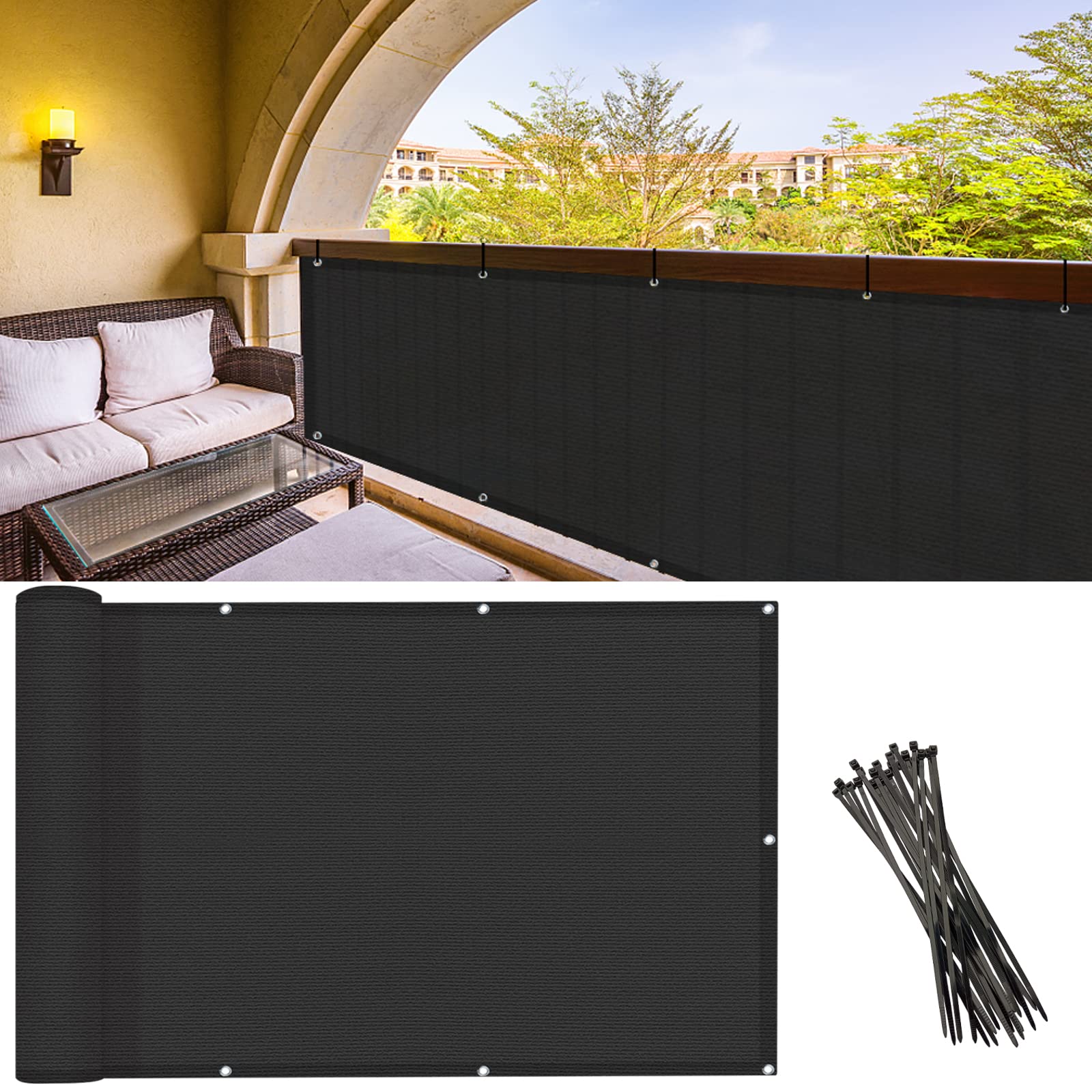Sunlax 2'6'X10'Black Balcony Privacy Screen Fence Windscreen Cover Fabric Shade Netting Mesh Cloth With Grommets Uv Protection