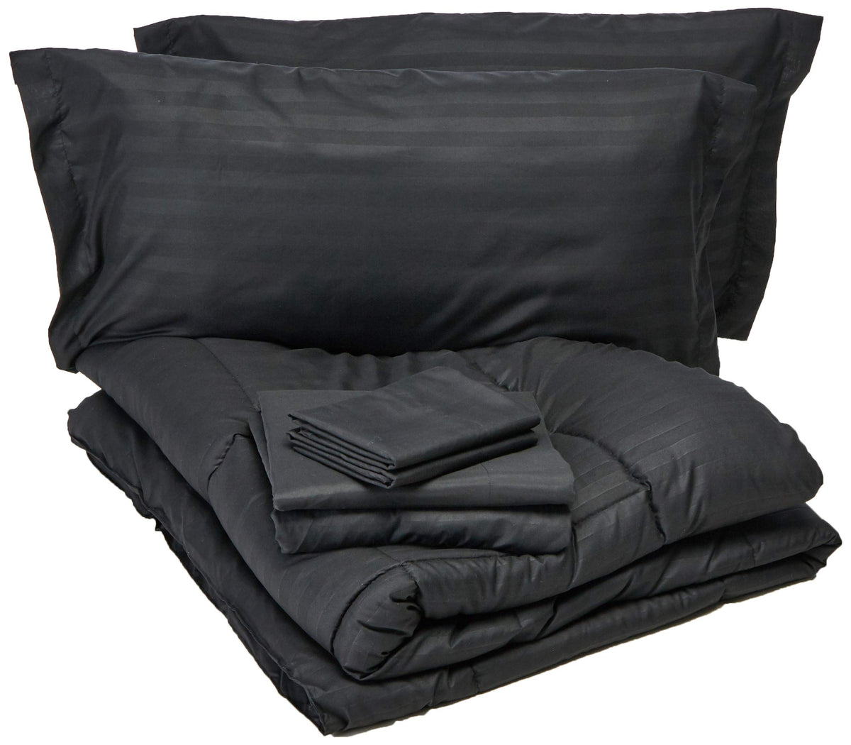 Elegant Comfort Wrinkle Resistant - Silky Soft Dobby Stripe Bed-In-A-Bag 8-Piece Comforter Set - King Black