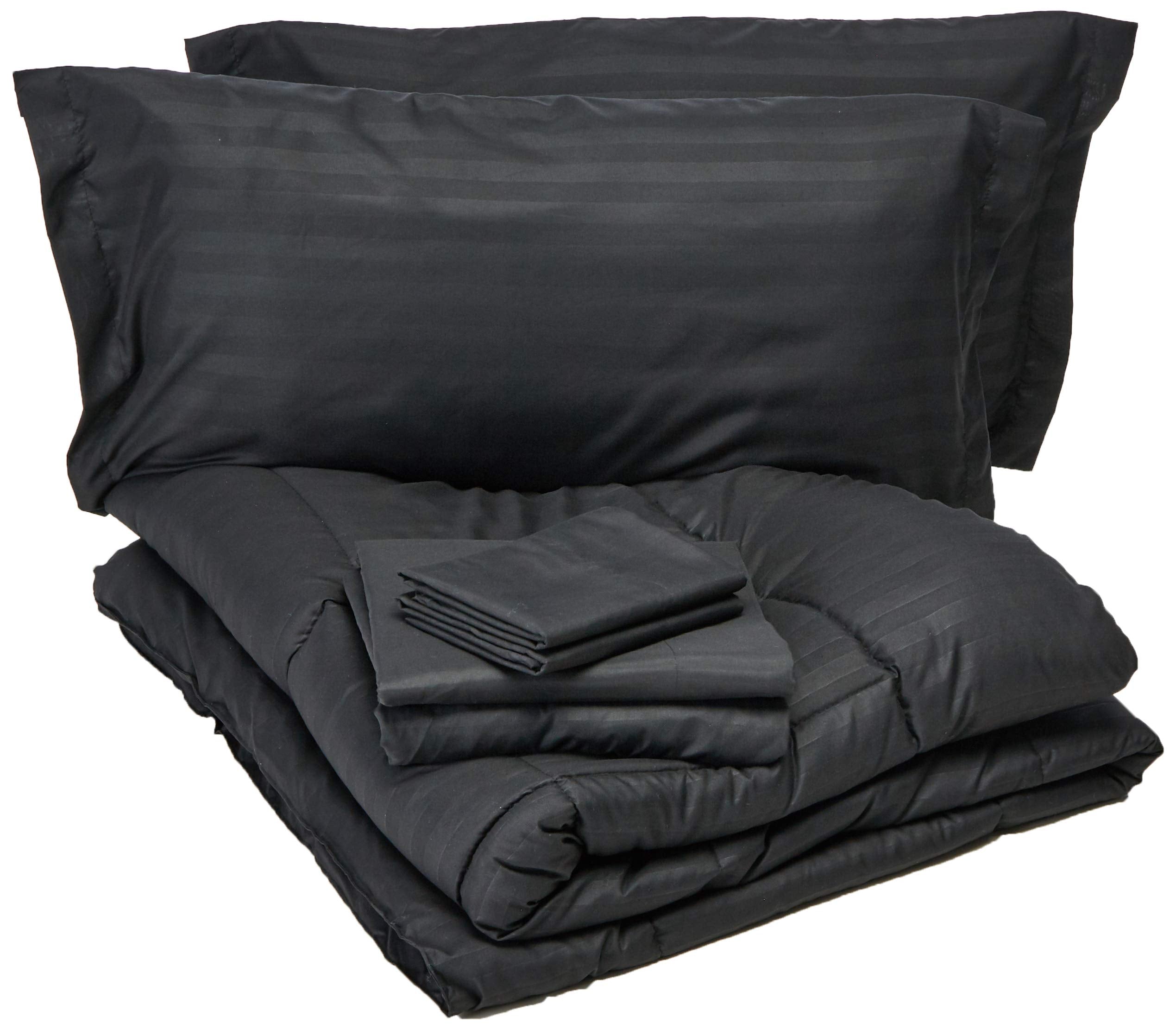 Elegant Comfort Wrinkle Resistant - Silky Soft Dobby Stripe Bed-In-A-Bag 8-Piece Comforter Set - King Black