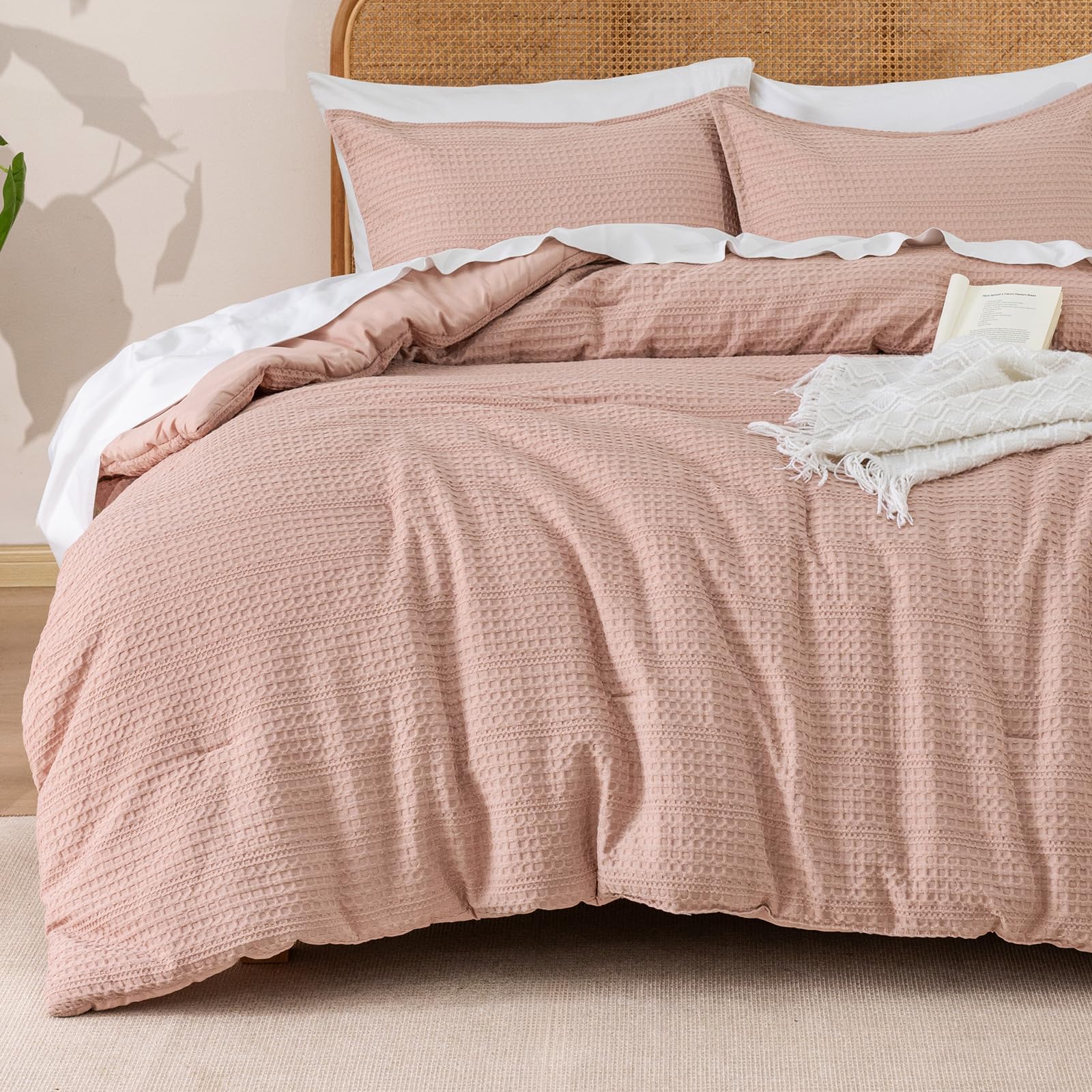 Phf Soft Waffle Comforter Set Queen Size- 3 Pieces Waffle Weave Comforter With 2 Pillow Shams, Lightweight Breathable Comfy Bedd